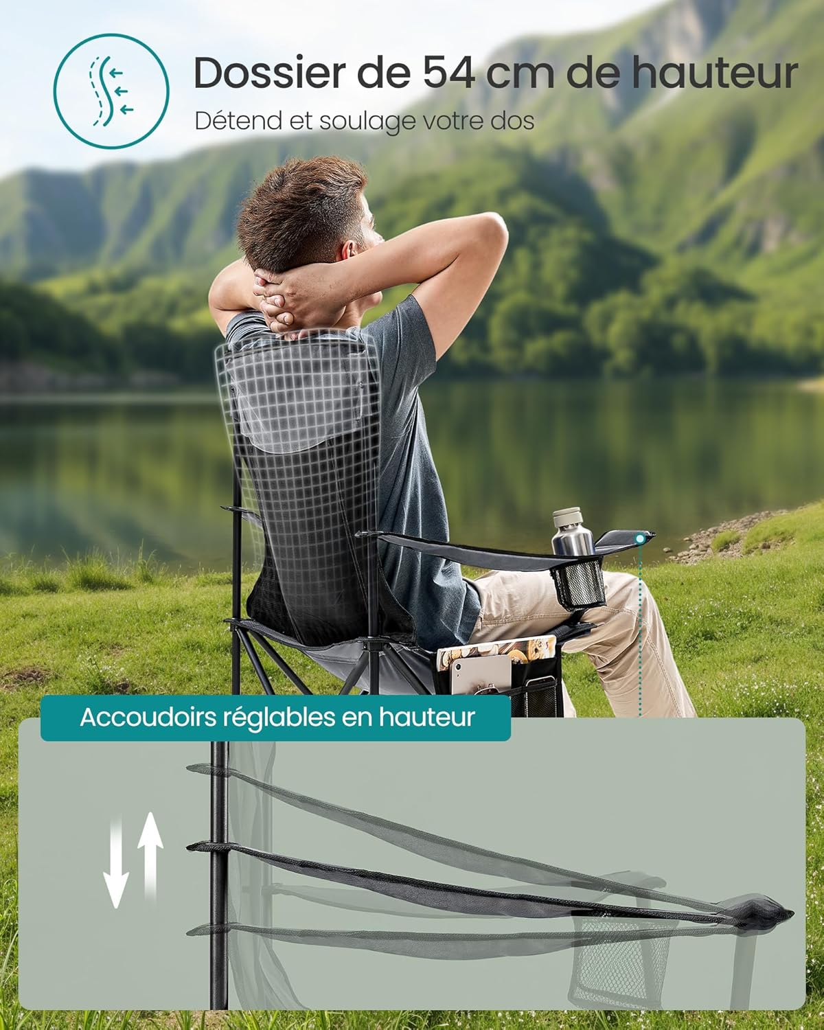 Detalle de SONGMICS Chaises de Camping Respirantes (Lot de 2) – Chaises pliantes avec dossier haut et accoudoirs réglables, gris ardoise GCB028G01