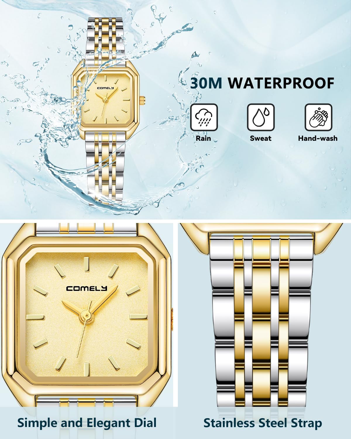 Thumbnail 5 de CIVO Montre Femme carrée dorée/argent – petite étanche 3ATM, bracelet acier inox, analogique à quartz