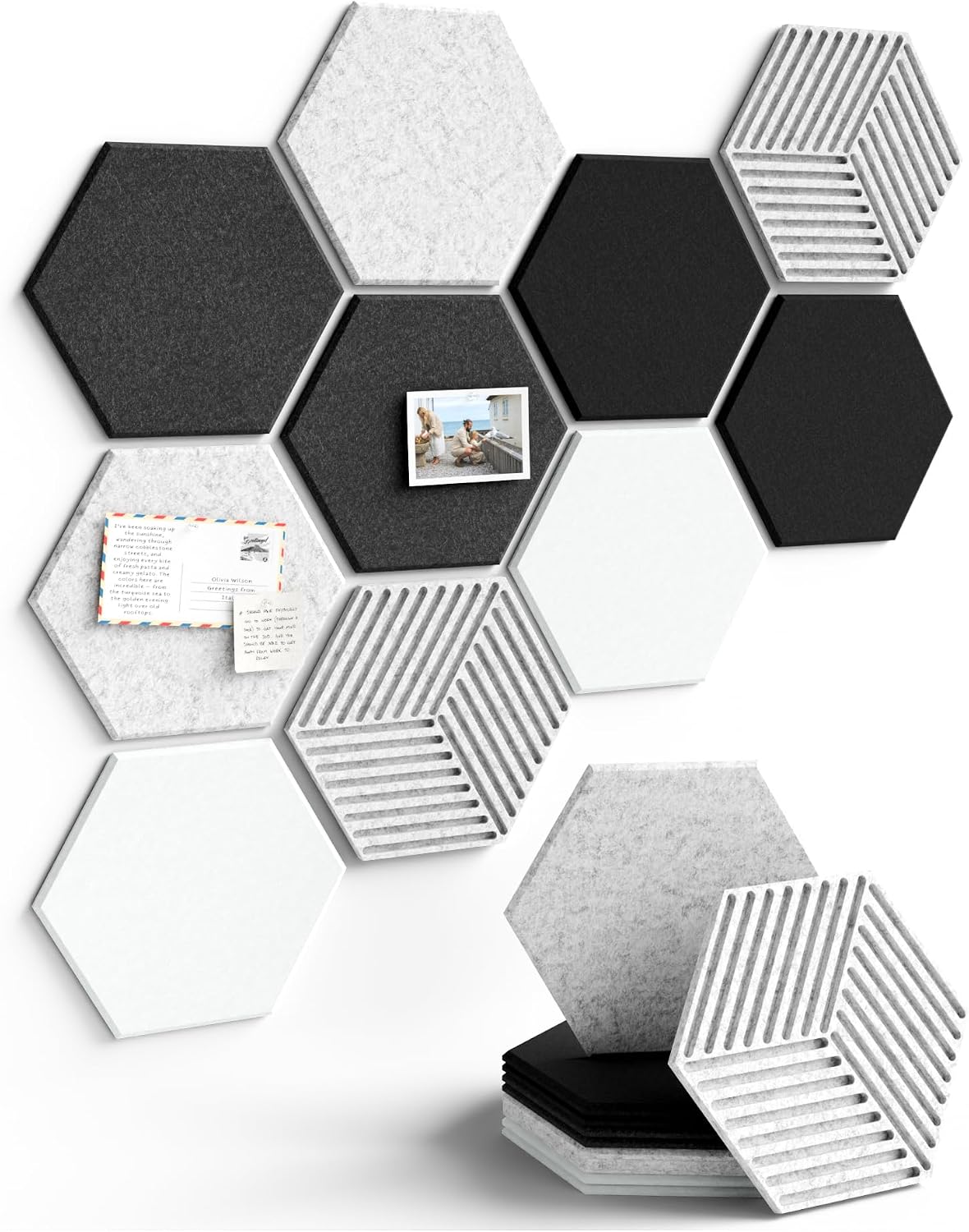 Detalle de Fluxynara FZBHEXM-H-10-PL-BW Hexagon Felt Bulletin Board Tiles, 10-Pack