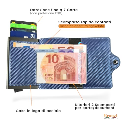 Detalle de Bronzi Nuovo Portafoglio Portacarte RFID – Slim Design Italiano in Blu