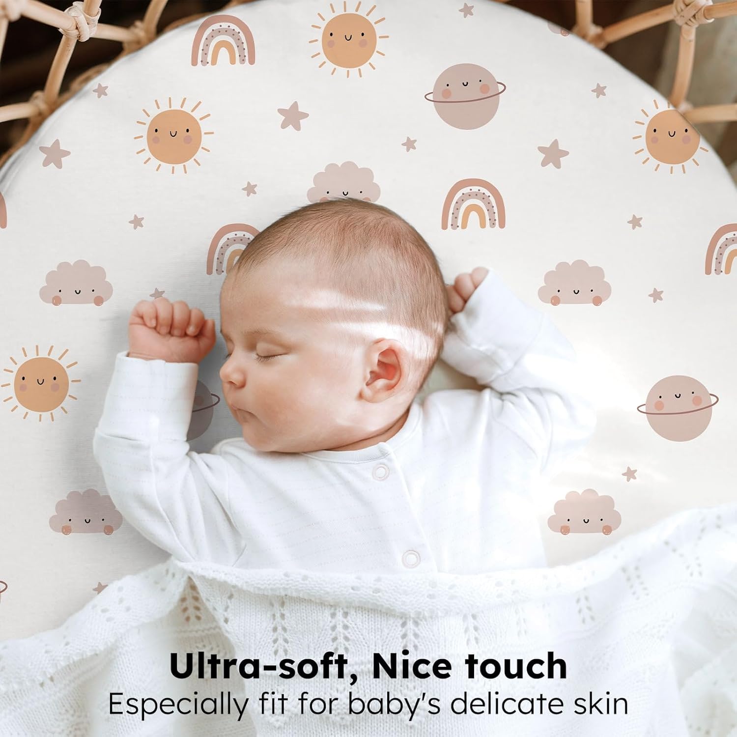 Thumbnail 1 de FIEMOL Baby Moses Basket Sheets – 81x41 cm, 3‑Pack Fitted Pram Sheets (Orange Sun Rainbow)