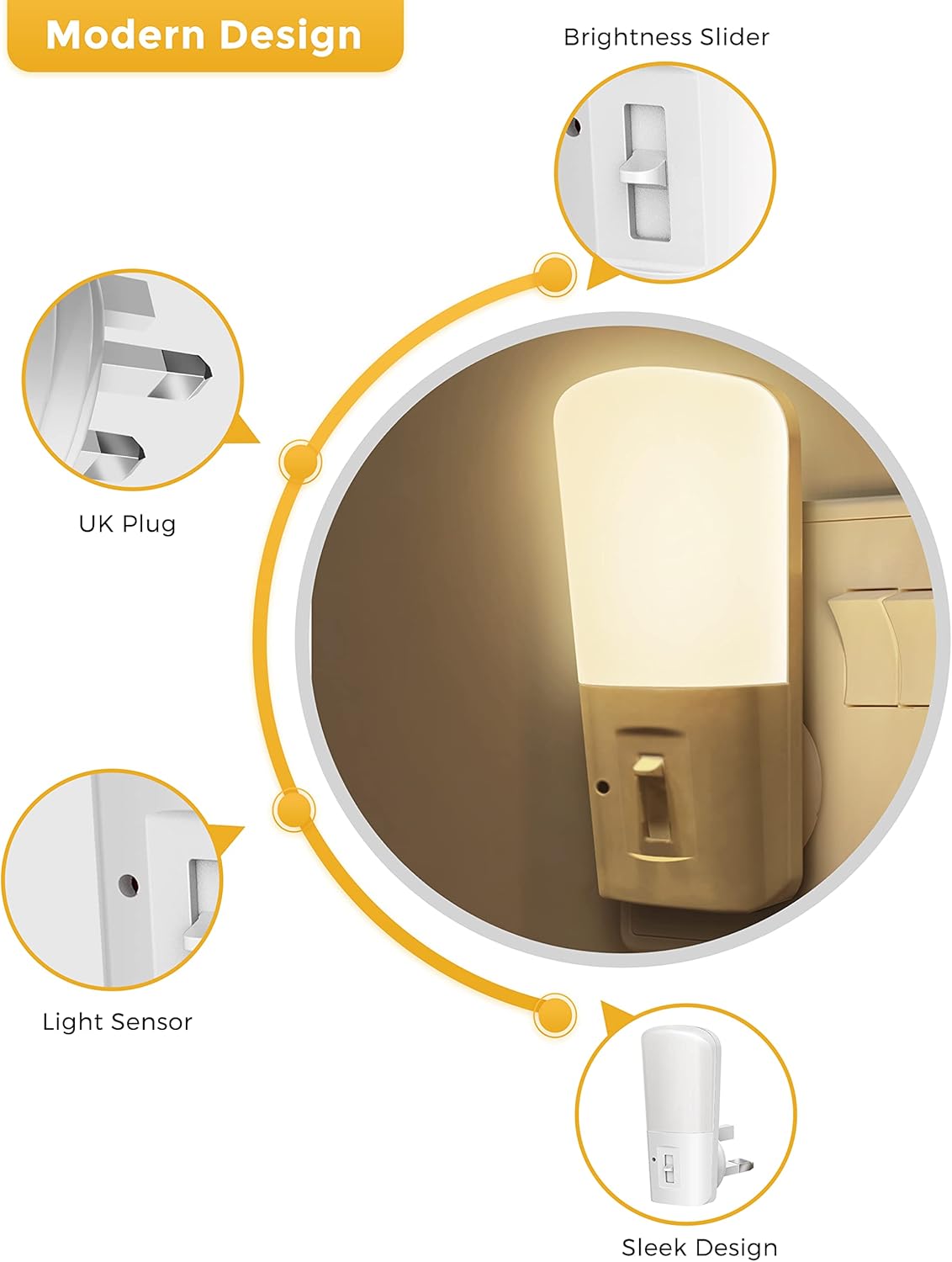 Detalle de LOHAS Dusk to Dawn Plug-in Night Light (2-Pack) – Dimmable Warm White 3000K, 5–80 LM, Auto On/Off