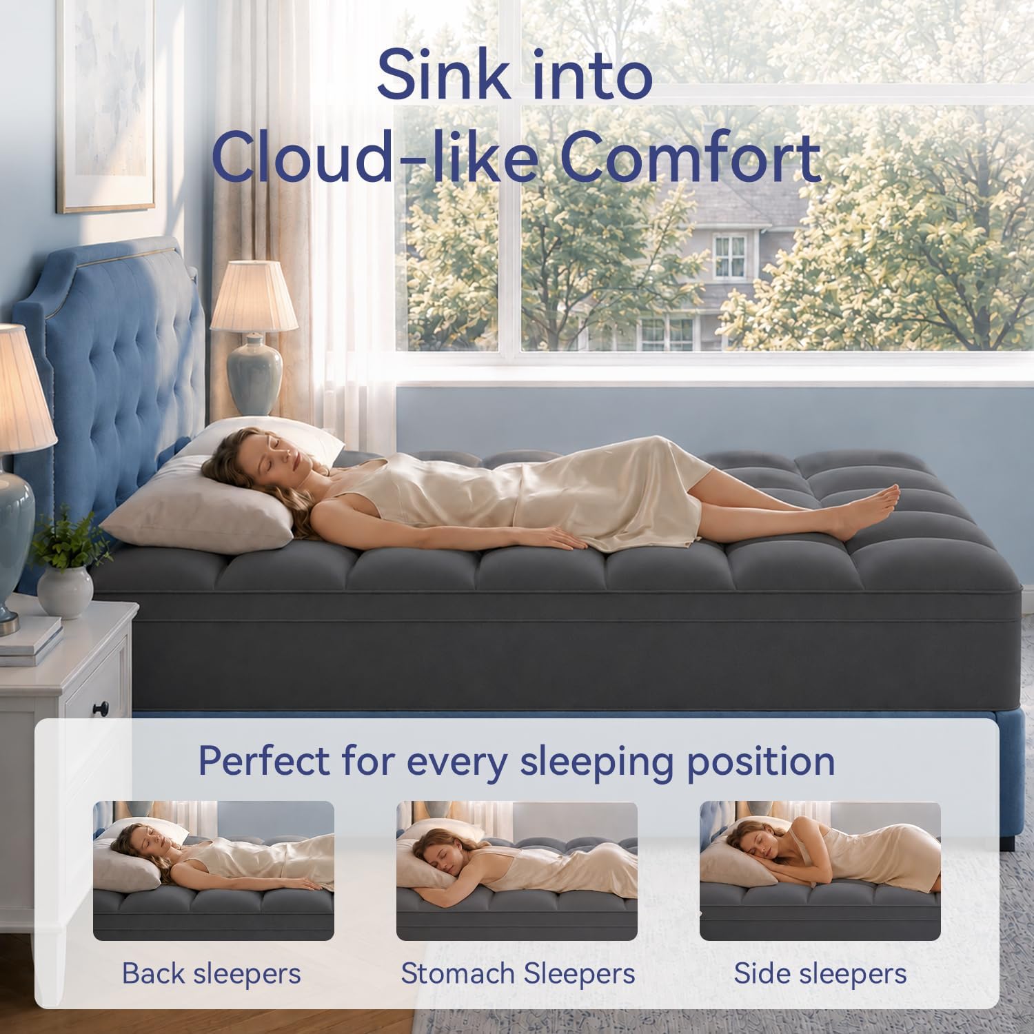 Detalle 1 de ELEMUSE Queen Mattress Topper, Gray Pillow Top, Breathable Microfiber, Deep Pocket