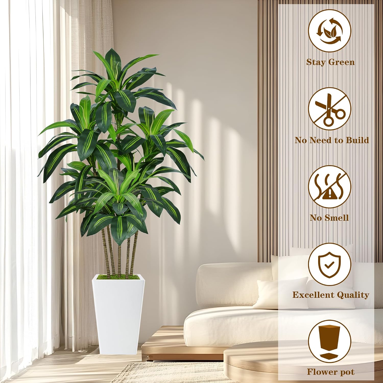 Thumbnail 1 de 6FT Artificial Dracaena Tree in White Pot — Tall Fake Indoor Tree for Home & Office Decor