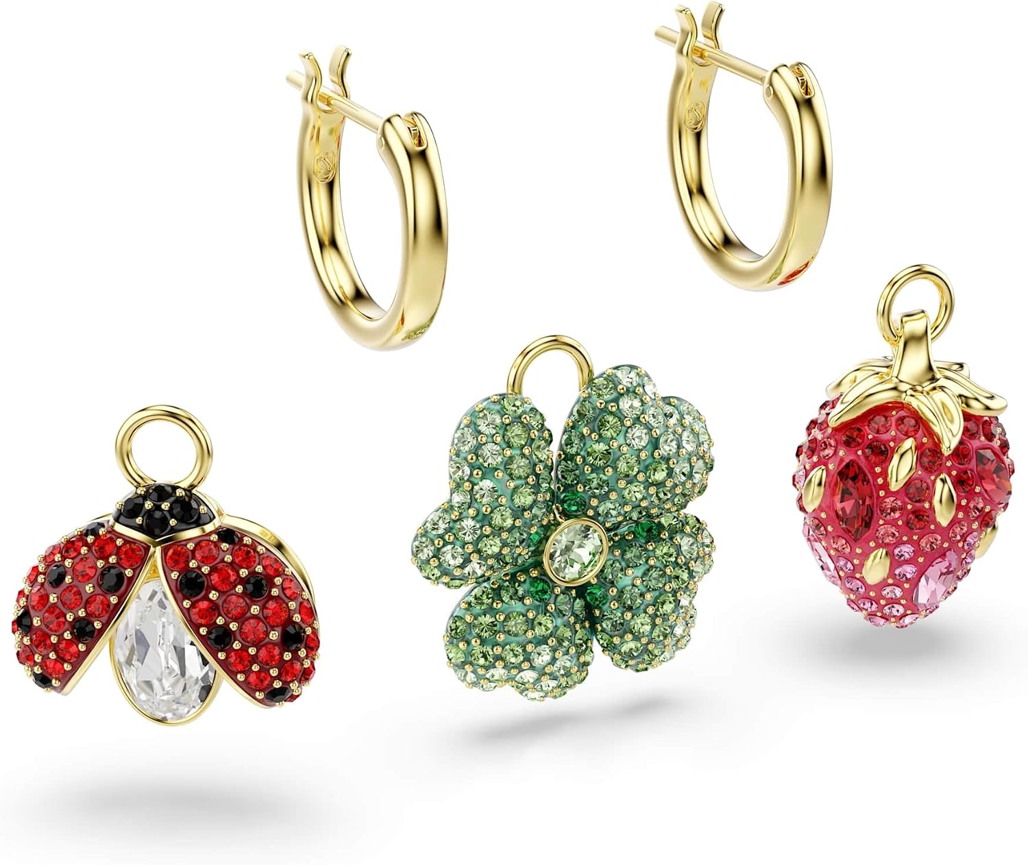 Detalle de Swarovski Orecchini pendenti Idyllia Set (3) – Coccinella, Quadrifoglio e Fragola, placcato oro
