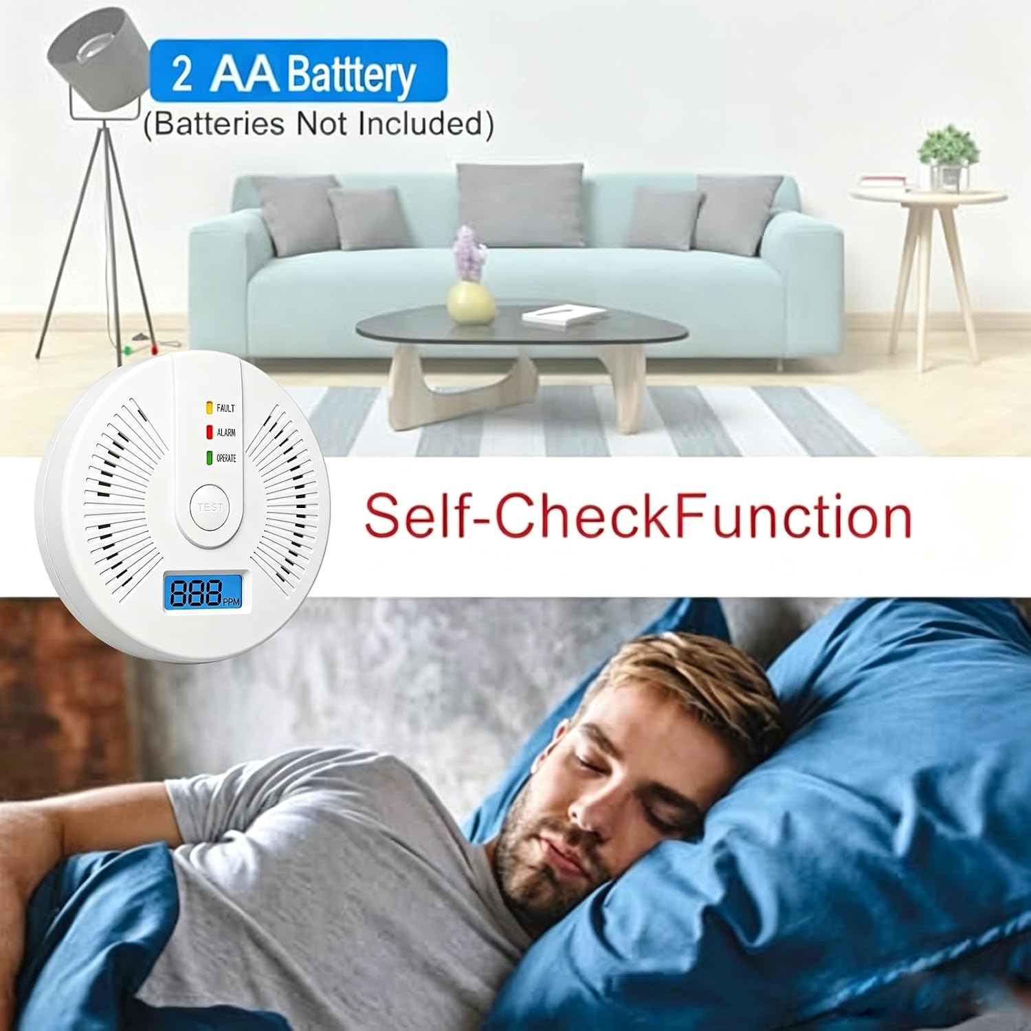 Detalle de Mini Carbon Monoxide Detector with LCD Display (2-pack) – Battery Powered CO Alarm for Home and Car