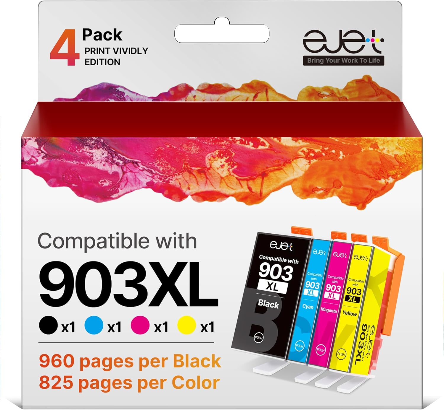 Detalle de ejet 903 XL Multipack – kompatible HP 903XL Patronen (4er Pack) für Officejet Pro/Officejet – schwarz & farbig, mit neuem Chip