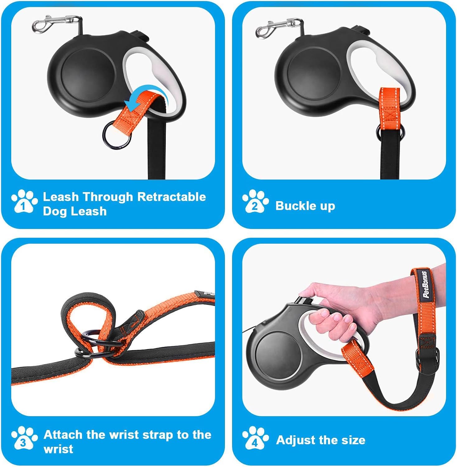 Thumbnail 4 de PetBonus Short Dog Lead Safety Wrist Strap for Retractable Leads (Orange) – Reflective, Adjustable Padded Handle
