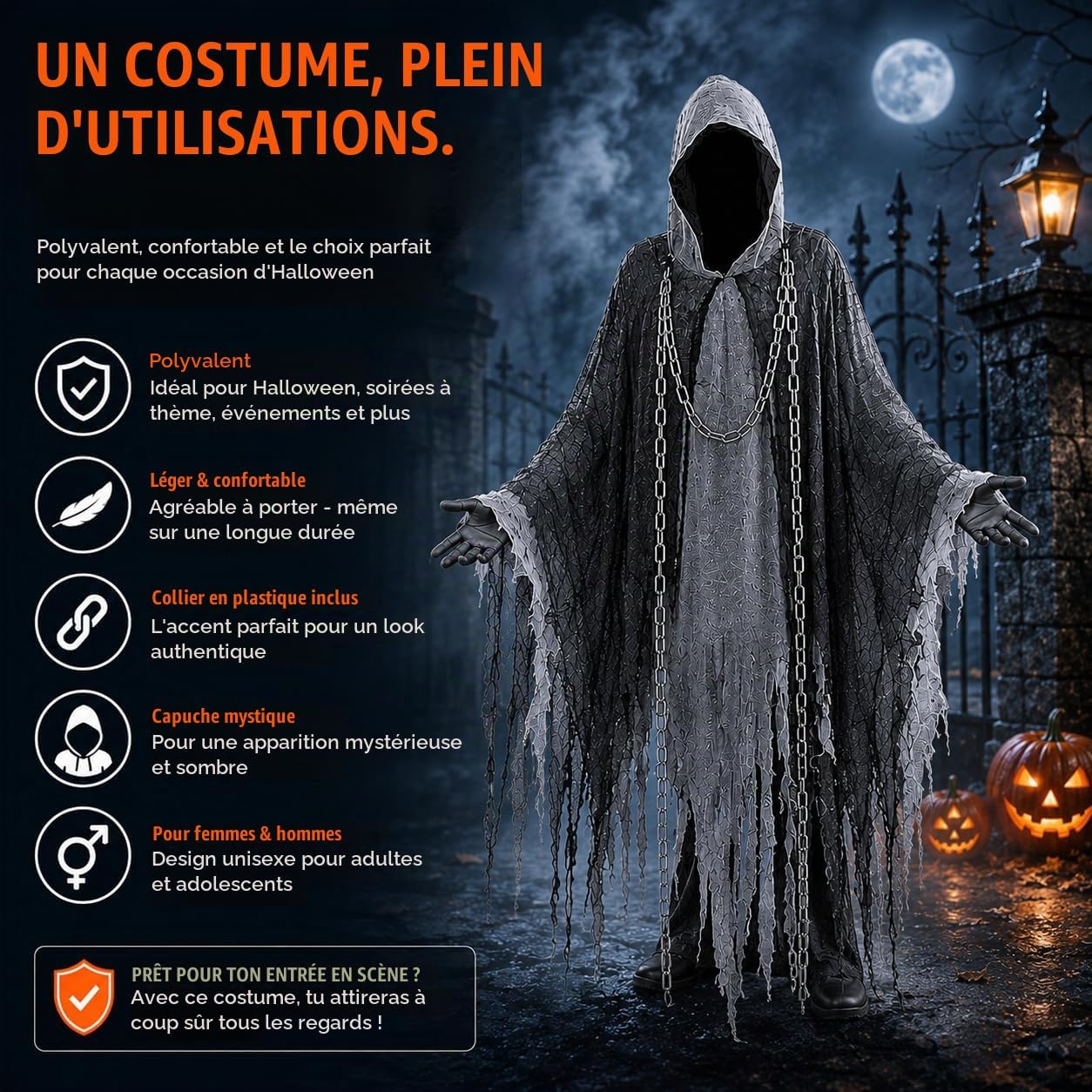 Detalle 2 de TK Gruppe Timo Klingler Halloweenkostuum voor volwassenen met capuchon en ketting