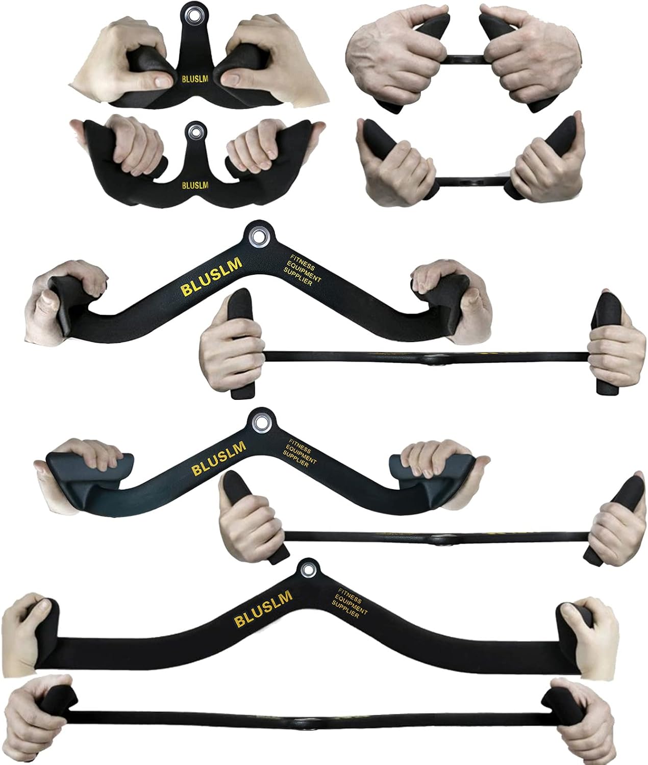 Detalle de BLUSLM LAT Pull Down Bar for Cable Machine — 5-Piece V-Bar/T-Bar Attachment Set