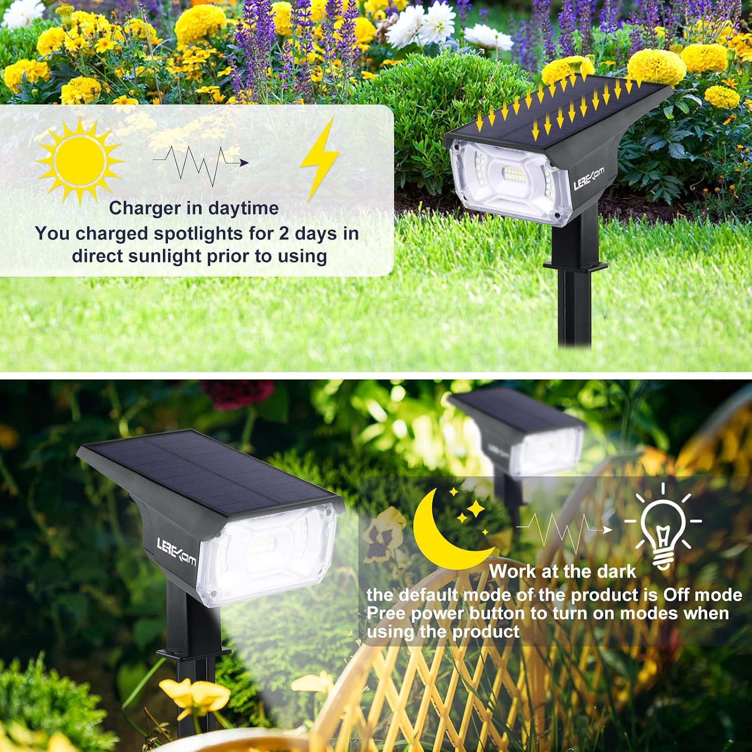 Detalle 1 de LEREKAM C2 Solar Spotlights, 40-LED Cool White, IP65, 2-Pack