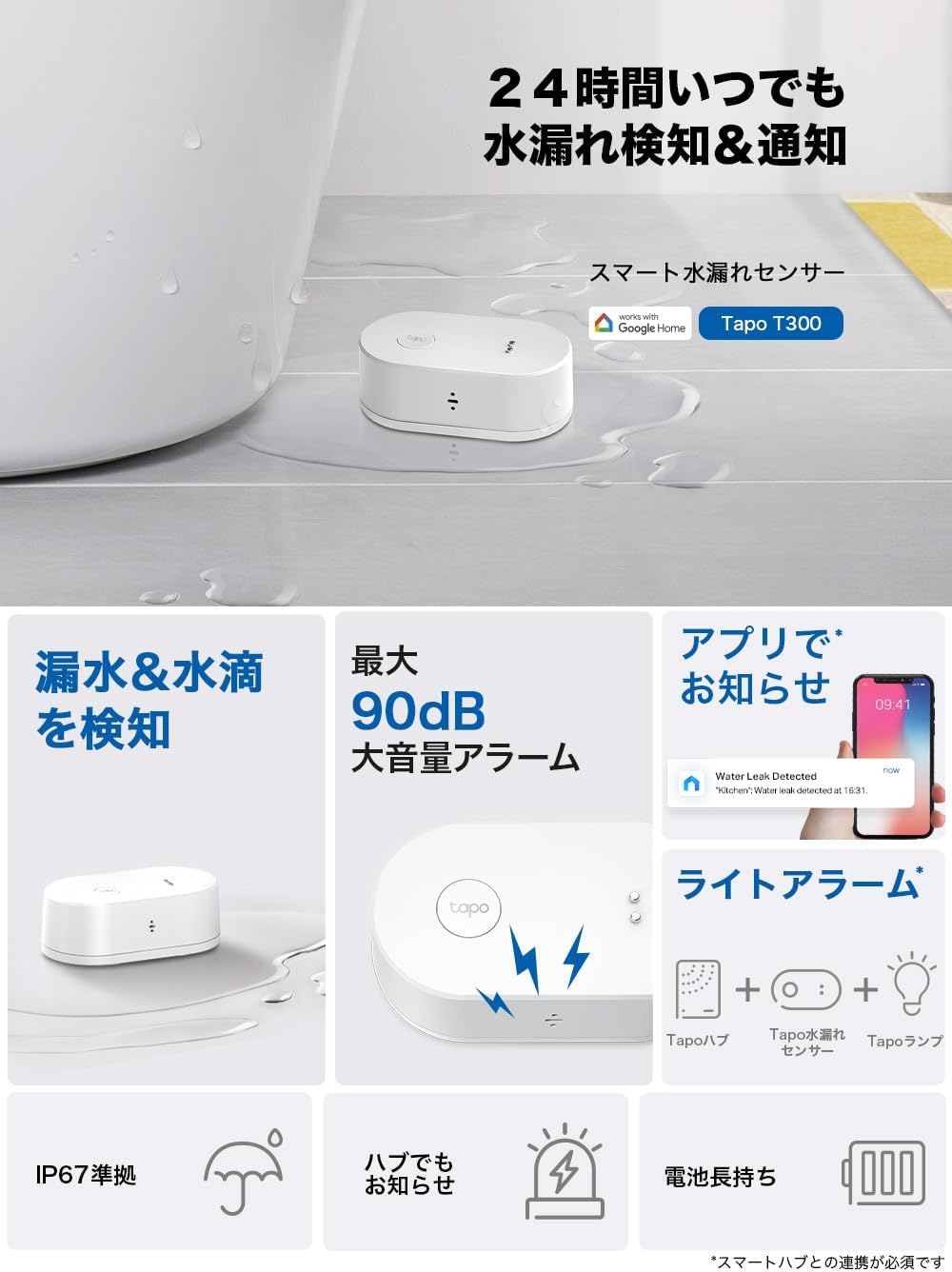Detalle 2 de TP-Link Tapo T300 スマート水漏れ検知器 IP67防水・90dBアラーム・スマホ通知対応
