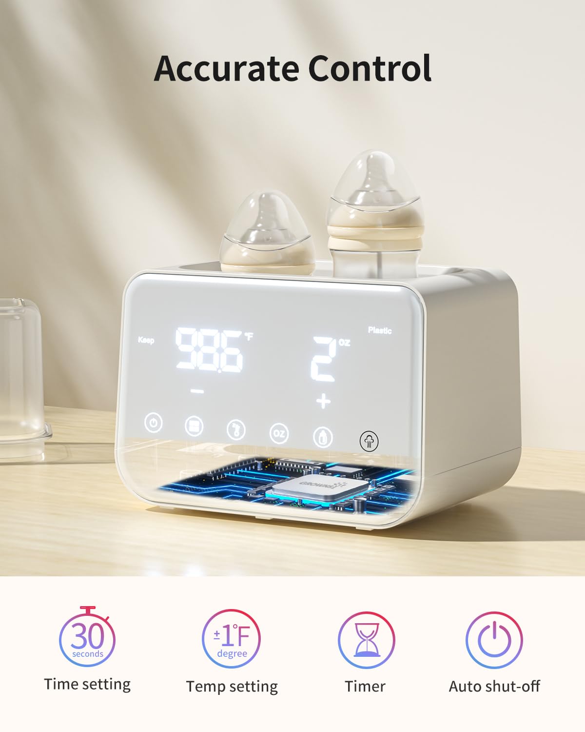 Detalle de Grownsy Flaschenwärmer Baby 10-in-1 mit LCD-Display, Sterilisator & Auftaufunktion (Weiß)