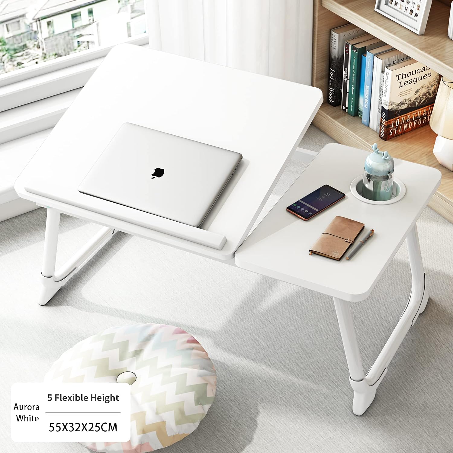 Detalle 2 de Laptop Desk with Foldable Legs & Cup Slot (White) – Bed Tray for Sofa, Bed, or Terrace