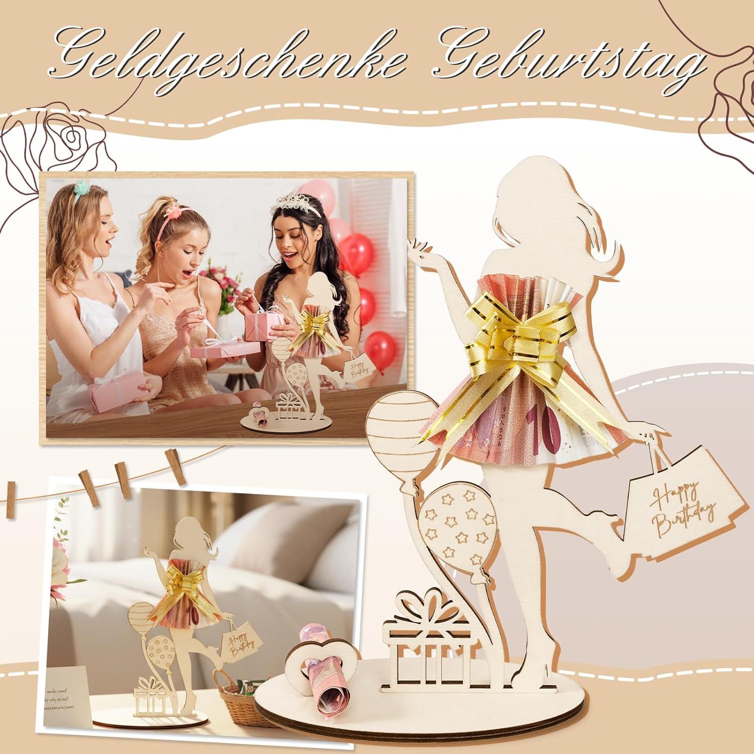 Thumbnail 4 de Geldgeschenke Geburtstag Frau Mädchen – personalisierbares Holzschild „Happy Birthday“ als Geldgeschenk & Gästebuch