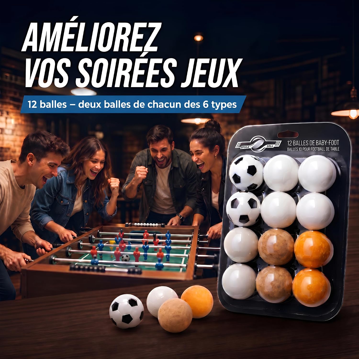 Detalle 2 de GOODS+GADGETS 40990021 tafelvoetbalballen, 12 stuks, 35 mm, zes types