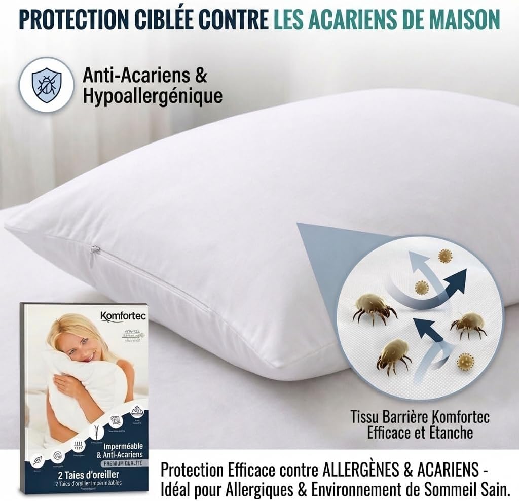Detalle 2 de Komfortec Protège Oreiller Imperméable 40 x 40 cm – Lot de 2 avec Fermeture éclair