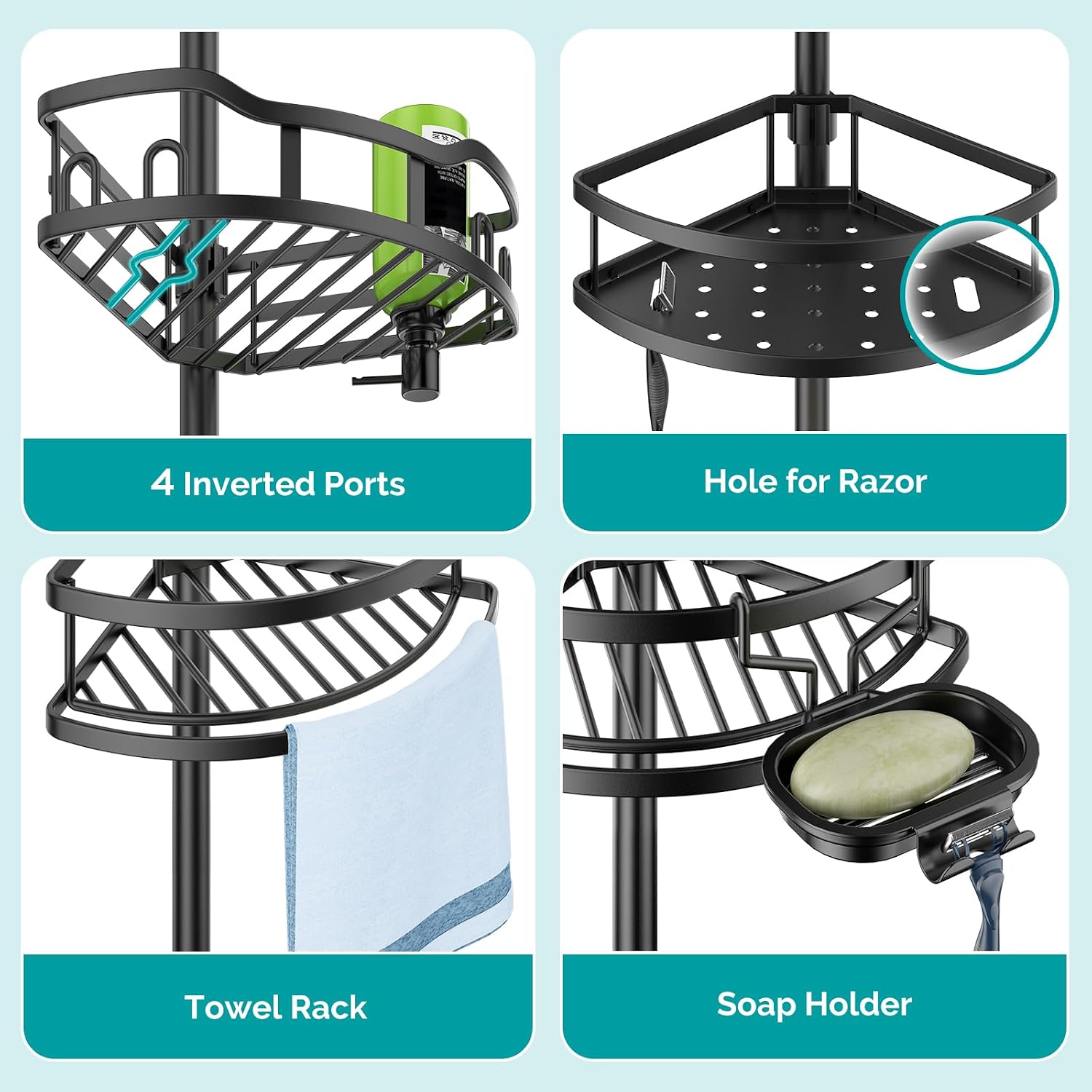 Detalle 1 de HAMITOR SCT05 Corner Shower Caddy, 4-Tier Adjustable Tension Pole, Black