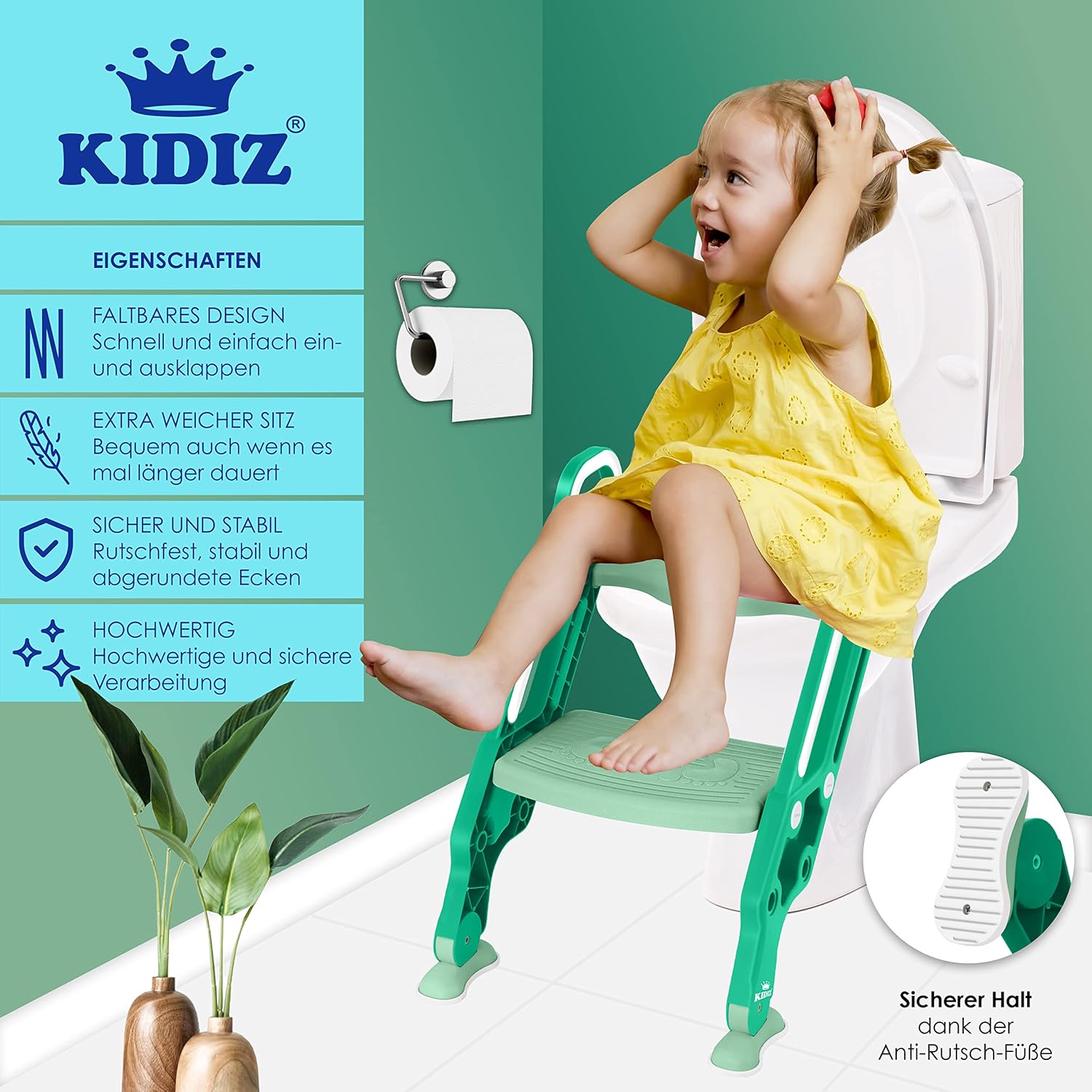 Detalle de KIDIZ® Kinder-Toilettensitz mit Treppentrainer, höhenverstellbar, faltbar – sicher, bequem und universell grün
