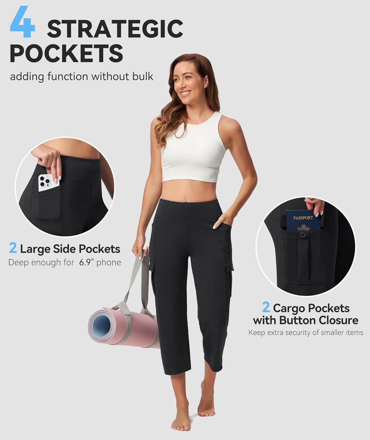 Thumbnail 3 de Casei Women's 21" Yoga Capris High Waisted with Pockets Cargo Capri Pants