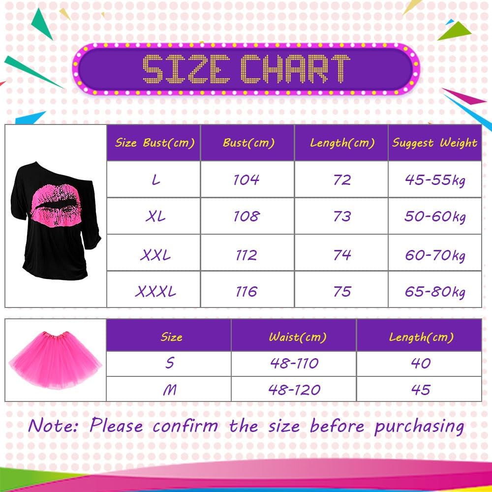 Detalle 1 de AOMIG C2-XXXL8PS220611-FBA jaren 80-kostuumset XXXL met lippenprint en neonaccessoires