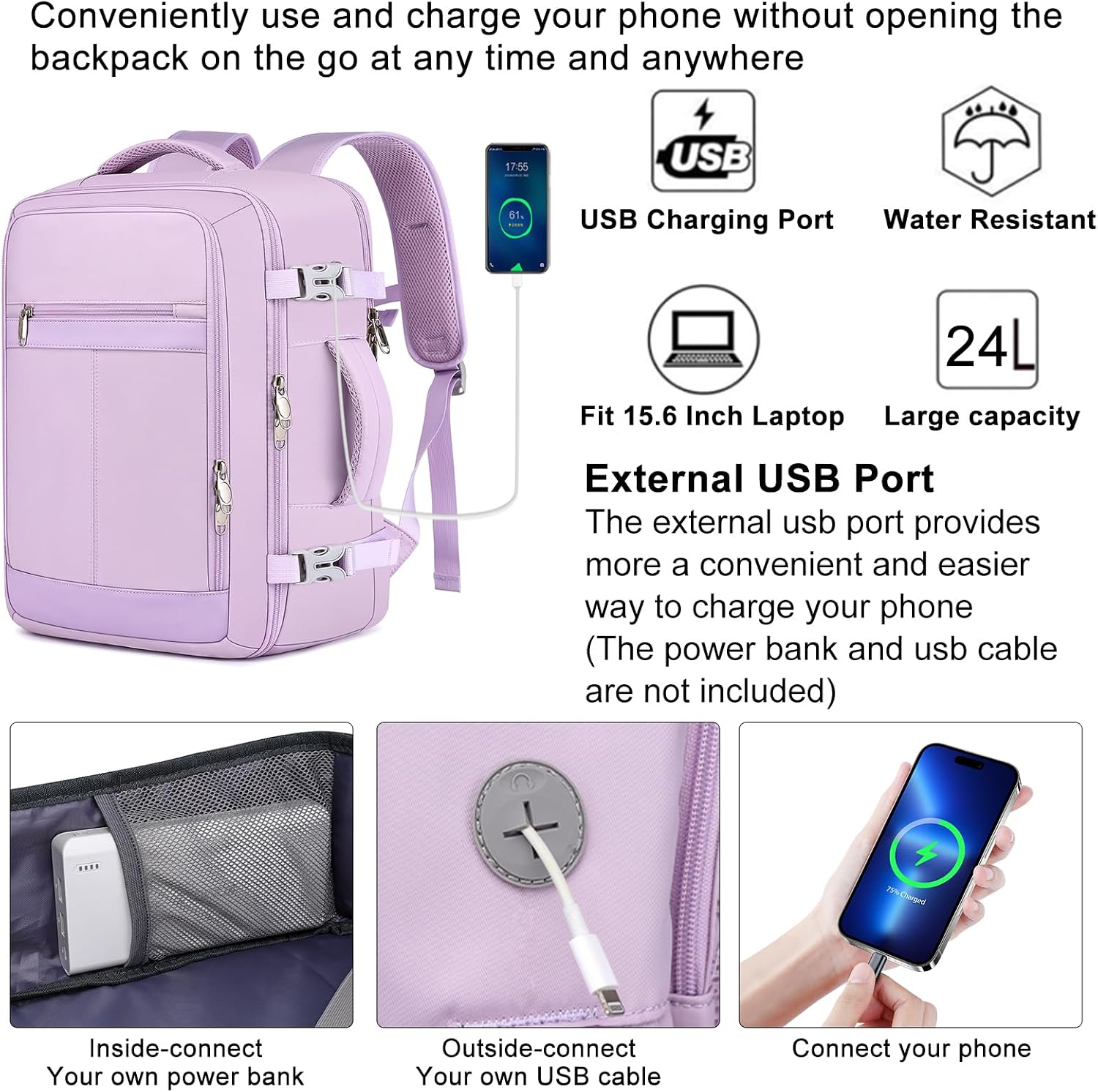 Thumbnail 2 de EZUOLA Travel Backpack for Women 25L - Airline Approved Carry-On with USB Port, Waterproof and Under-Seat Fit