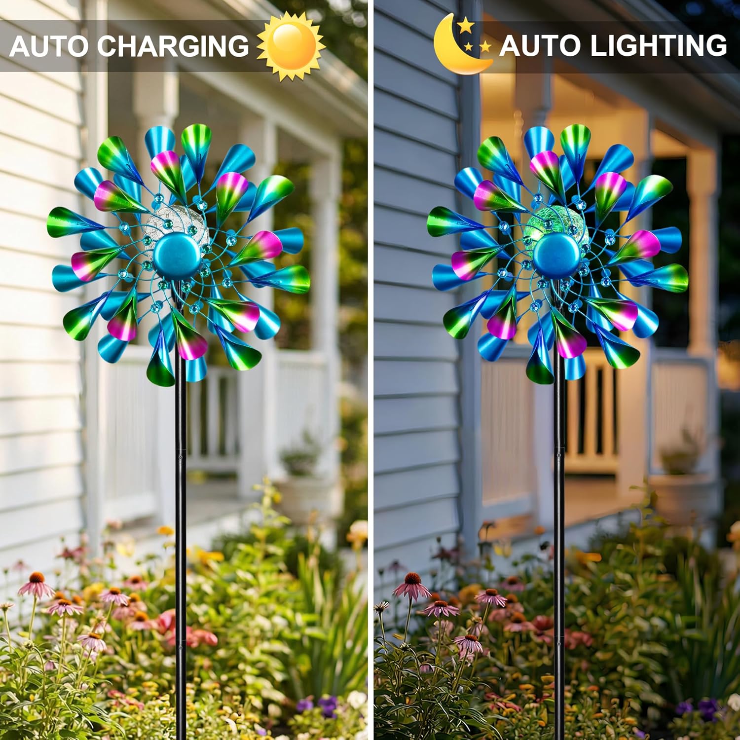 Detalle de Solar Wind Spinner Outdoor Metal – Peacock Kinetic Garden Sculpture with Color-Changing LED Lights