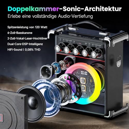 Detalle 2 de JYX Karaoke Maschine TX05 mit 2 kabellosen Mikrofonen: Tragbare All-in-One Karaoke-Box mit Bluetooth 5.3