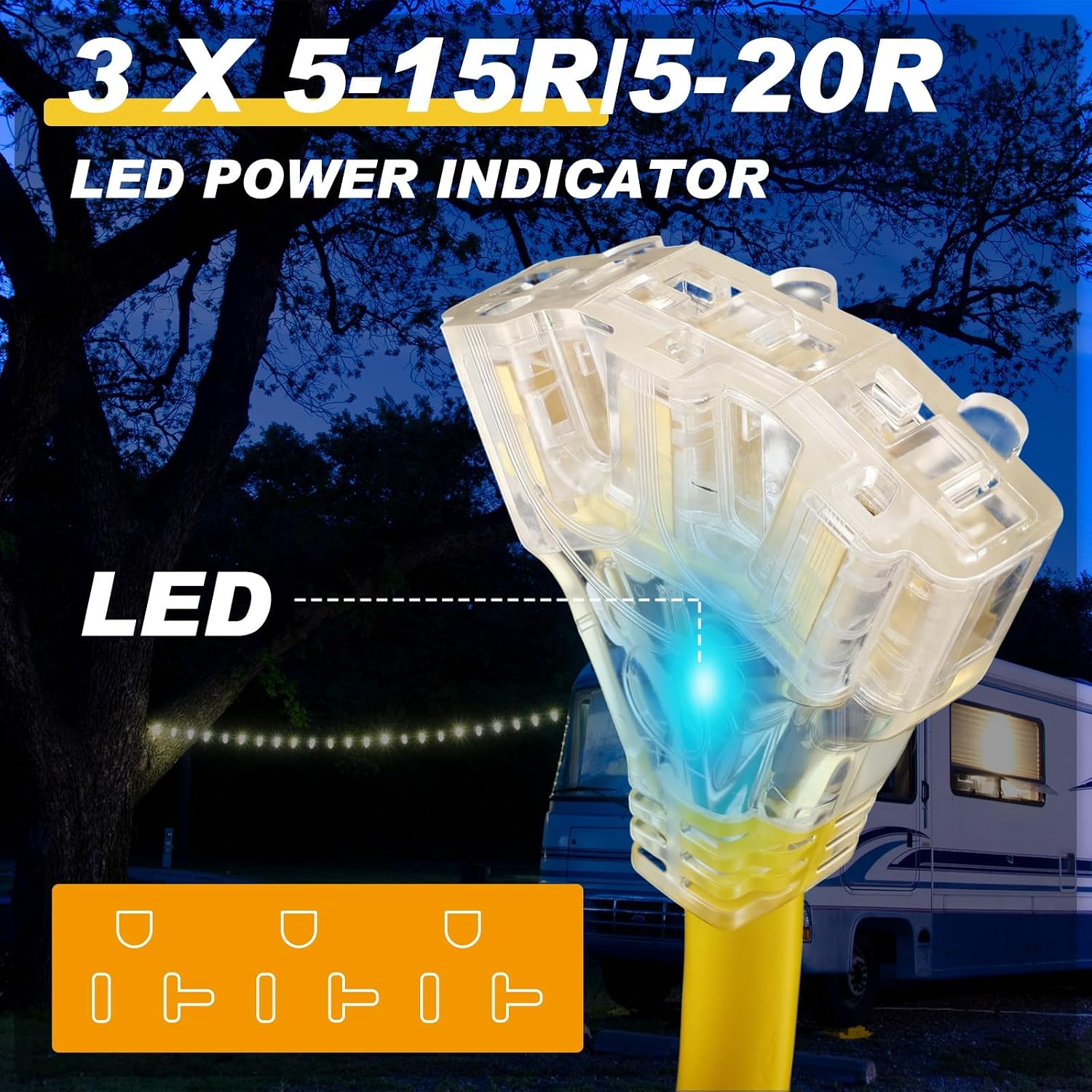 Detalle de Kanayu 発電機用分配アダプター NEMA L6-30P・5-15/20R 3口、30A対応