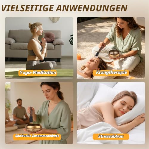 Thumbnail 6 de Carastek Große Original Tibetische Klangschalen Set – Ø13 cm, handgehämmert, mit Seidenkissen und Lederschlägel