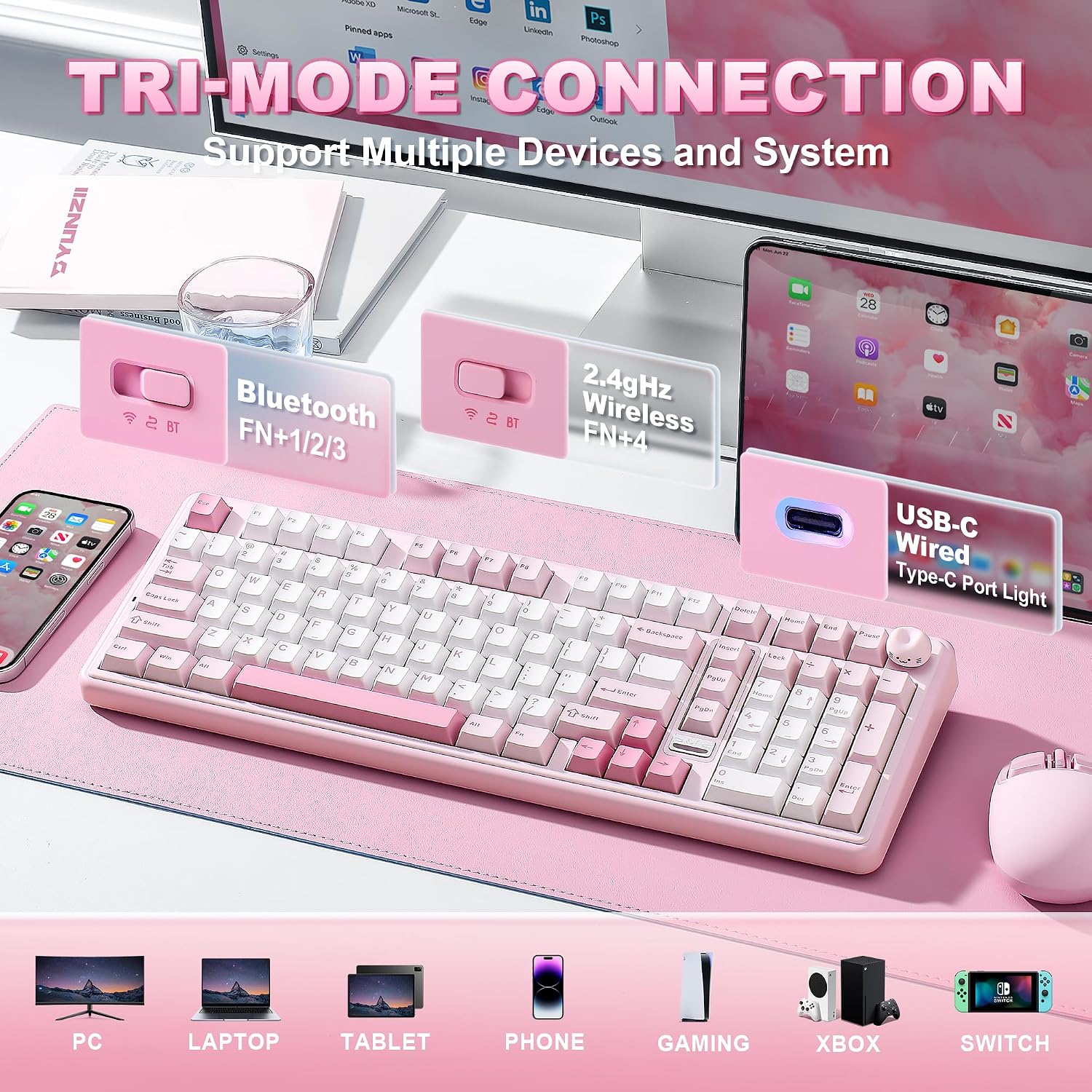 Thumbnail 2 de YUNZII B98 Pro QMK/VIA Wireless Mechanical Gaming Keyboard (96% with Numpad) — BT/2.4G/USB-C, Pink Milk V2 Linear, Cute Cat Knob