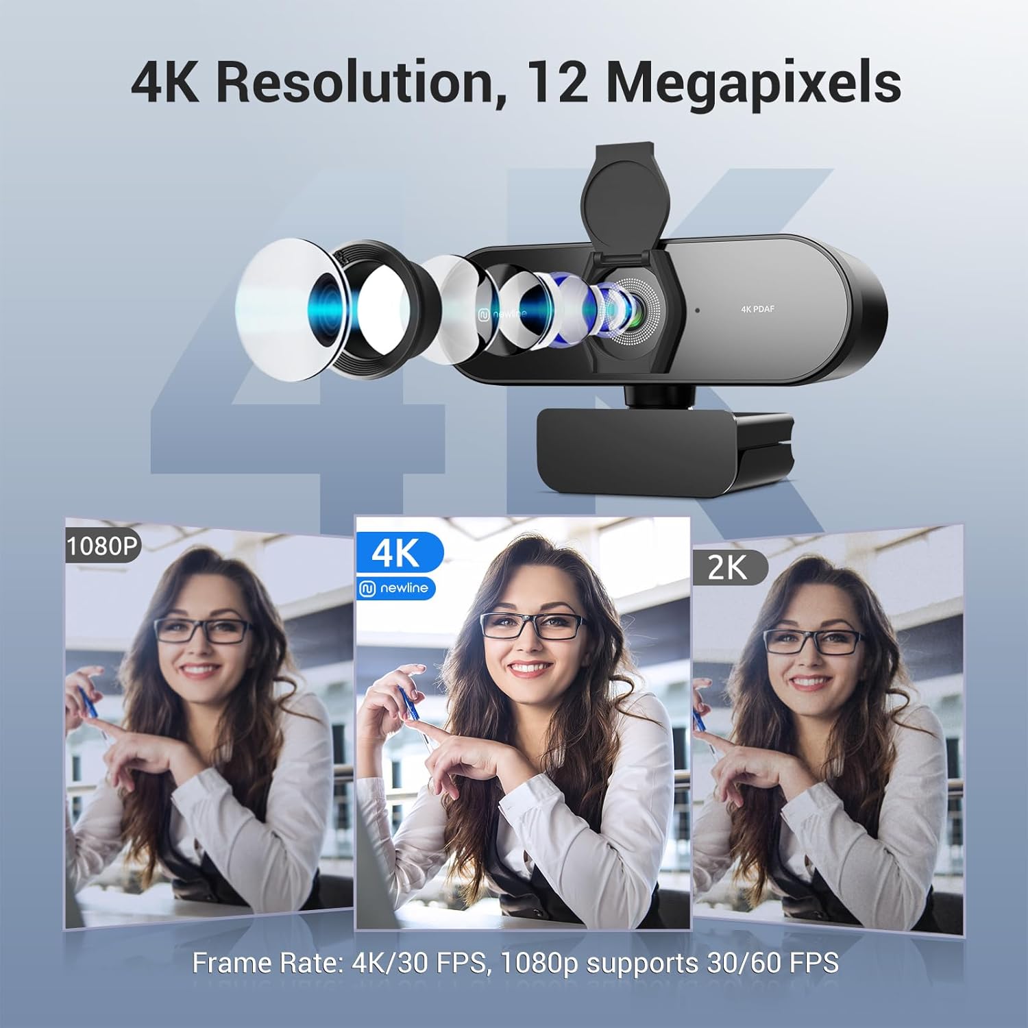Thumbnail 1 de N newline 4K Webcam for PC with Fast Autofocus, 1080p 60FPS, Dual Stereo Mics and Privacy Cover