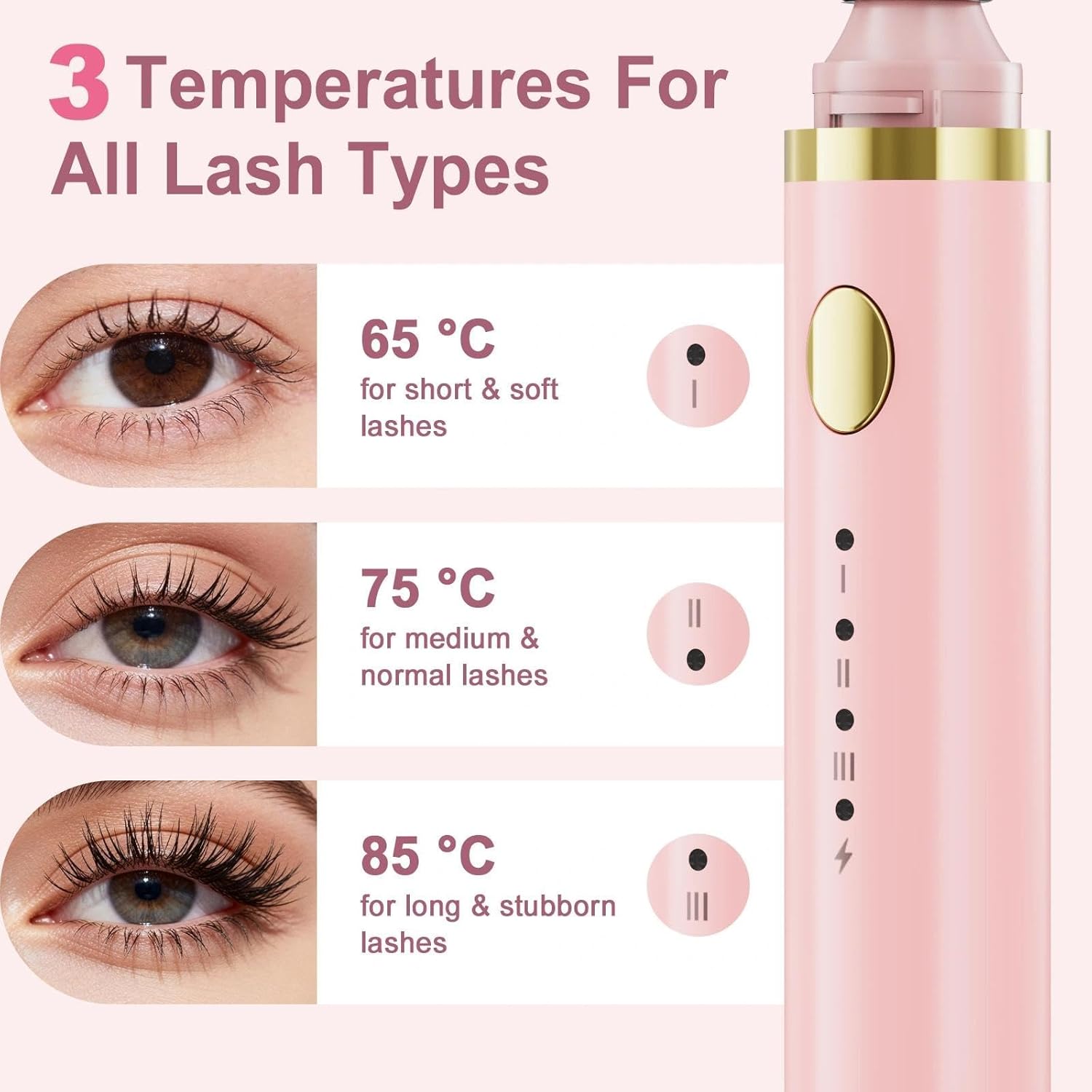 Detalle de 3 in 1 Heated Eyelash Curler Electric with USB-C Rechargeable Power | 3 Interchangeable Heads, 65/75/85°C — Pink