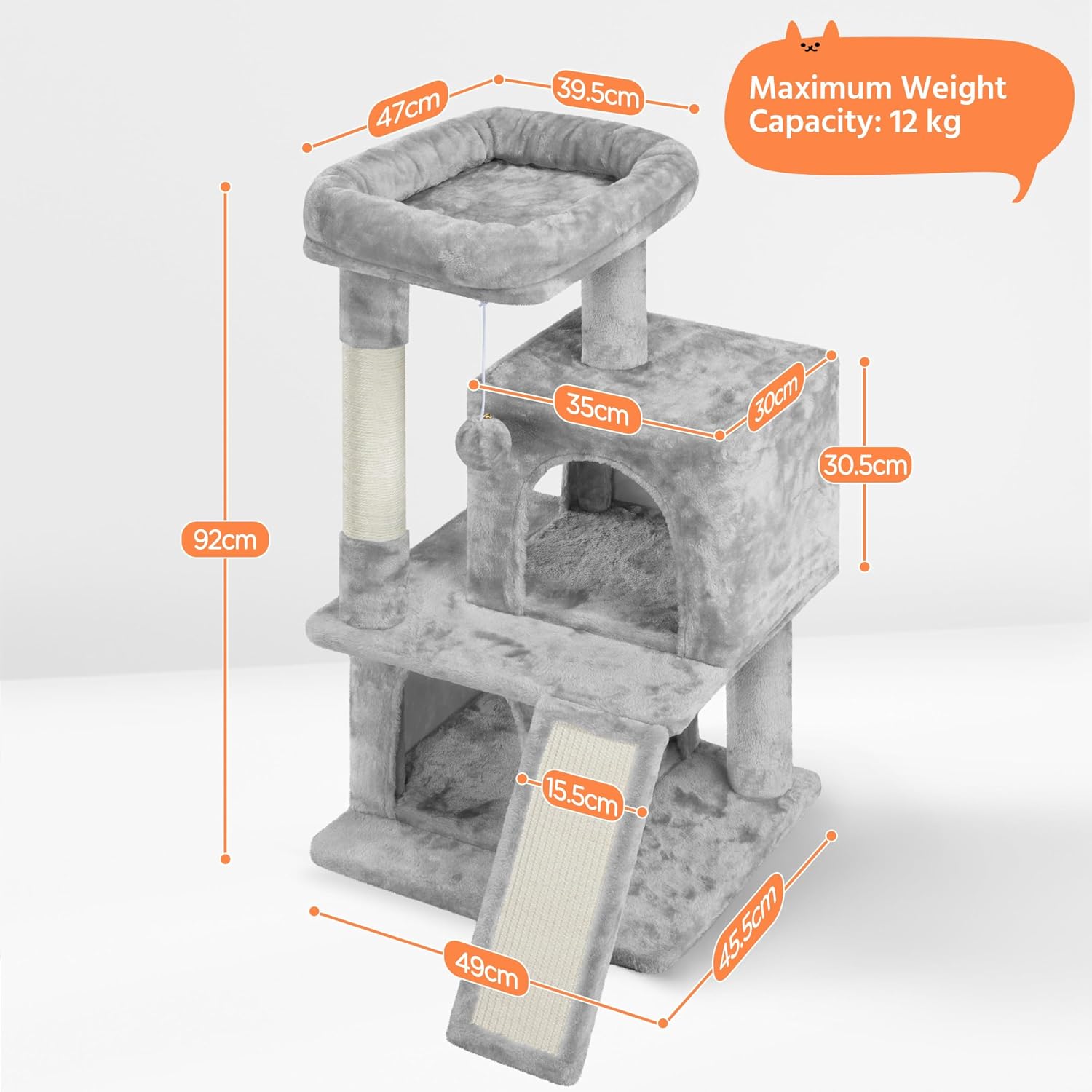 Detalle 2 de Yaheetech Cat Tree (92cm) Multilevel Cat Tower with Double Condo, Scratching Posts & Dangling Ball