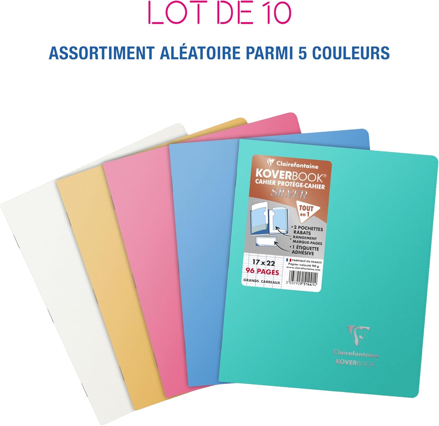 Thumbnail 1 de Clairefontaine 951441C Lot de 10 Cahiers Agrafés Kovbook Silver – 17x22 cm, 96 pages, papier blanc 90 g, couverture polyprop opaque