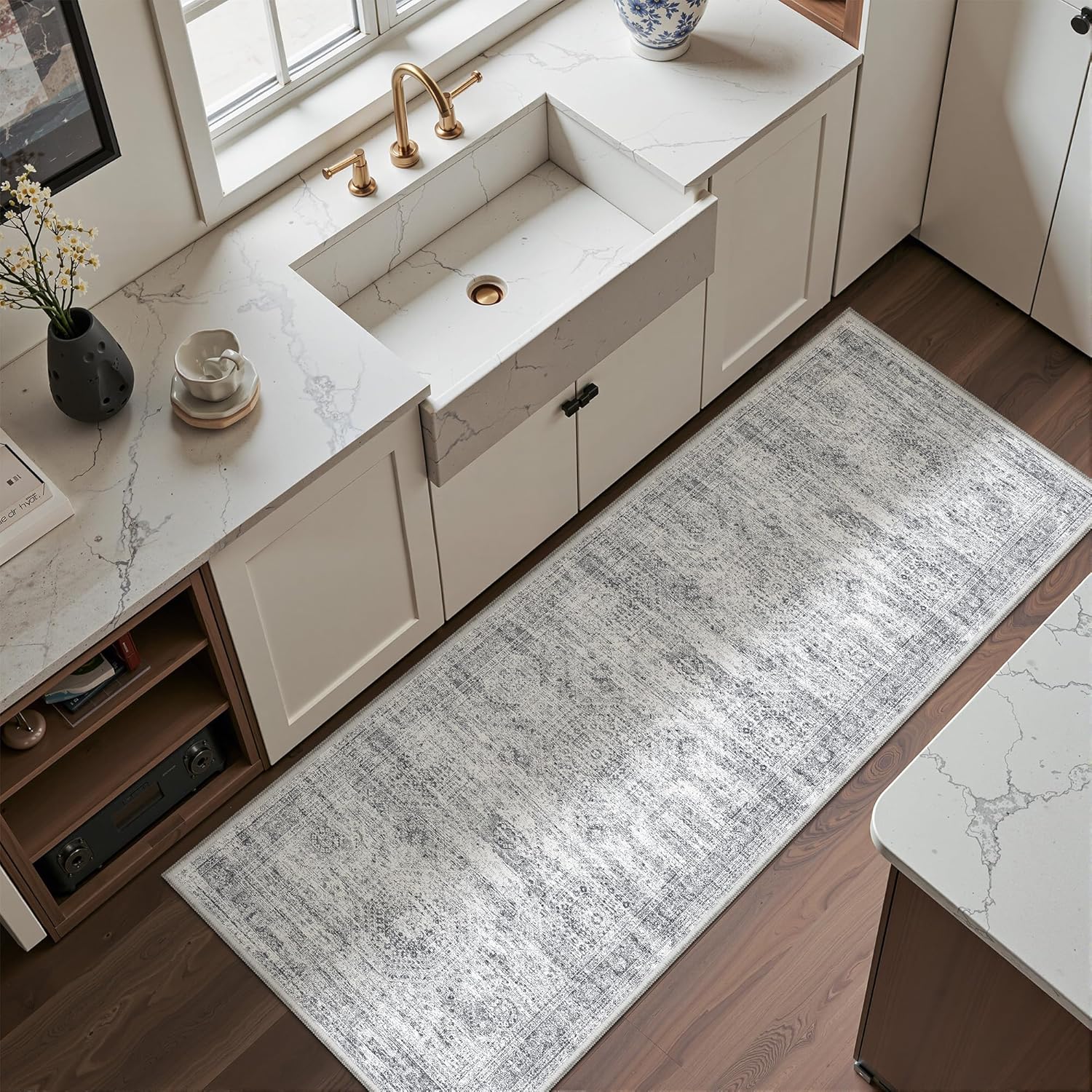 Thumbnail 2 de Restydon Washable 2x6 Runner Rug with Non-Slip Backing (Grey/Ivory) for Bedroom, Kitchen, and Hallways