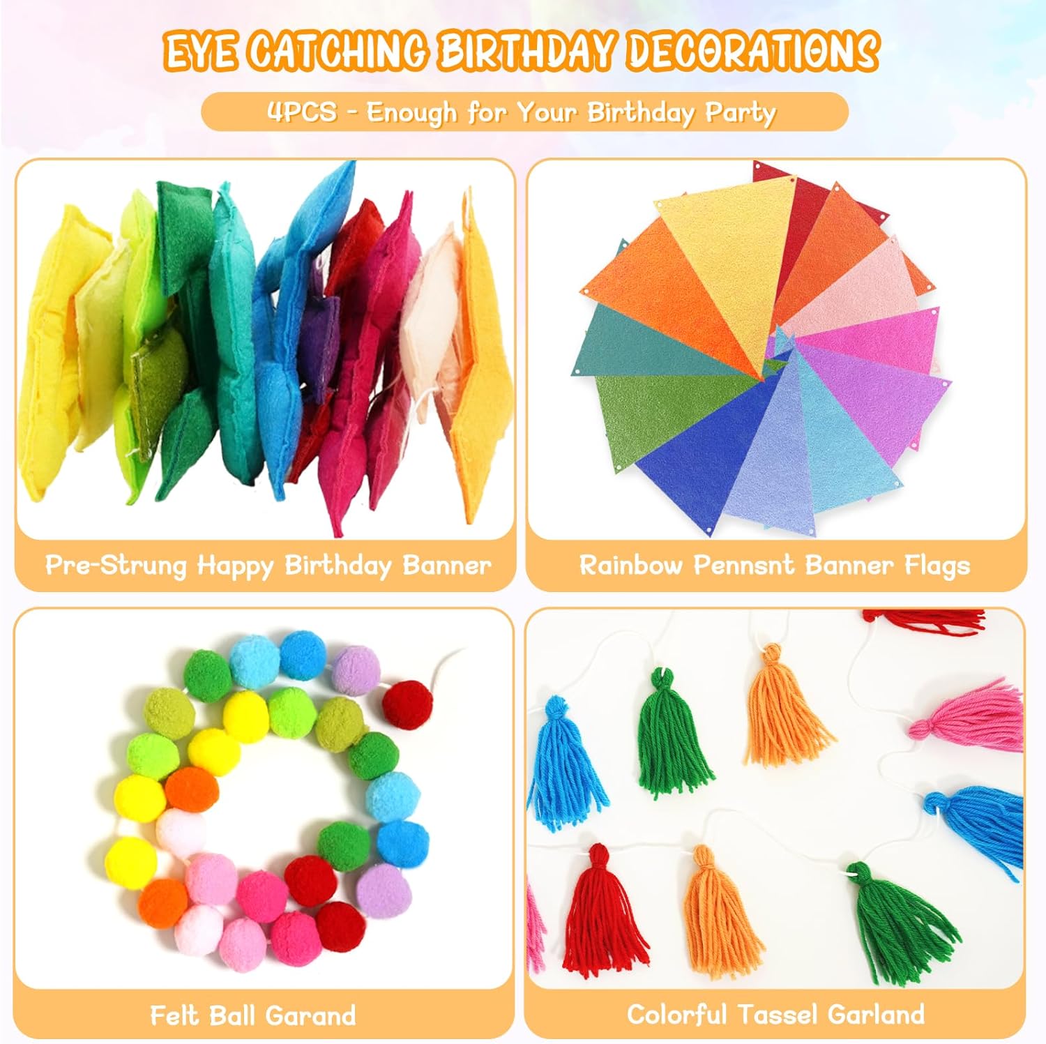 Thumbnail 2 de 4PCS Pre-Strung Happy Birthday Banner Kit – Felt Rainbow Party Decorations
