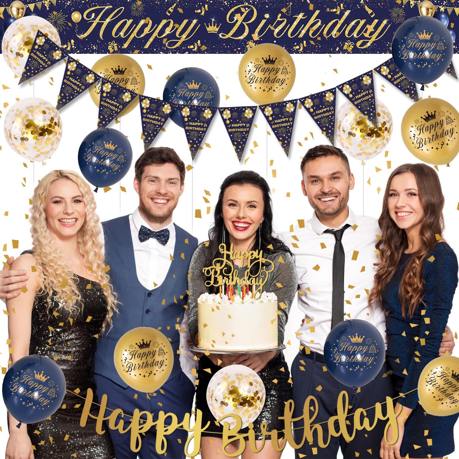 Thumbnail 2 de Birthday Decorations for Men – Blue & Gold Party Set with Happy Birthday Banner