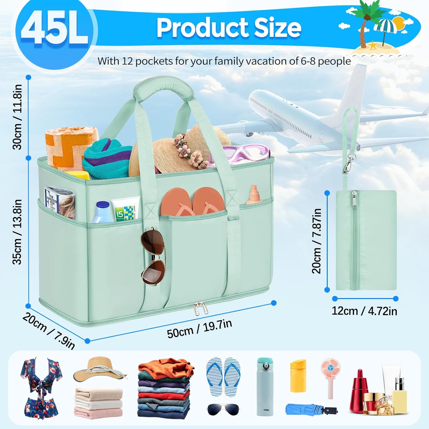 Thumbnail 2 de BTNEEU Grand sac de plage XXL Famille 45L, pliable avec poches et compartiment humide séparé