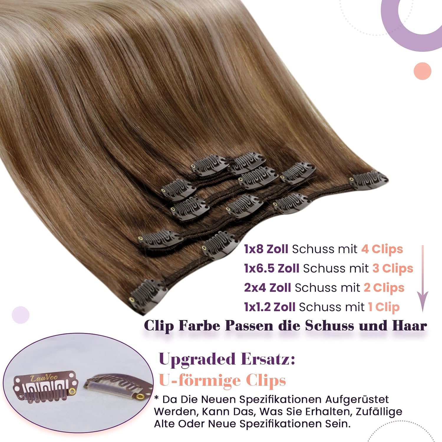 Detalle de LaaVoo Clip-in Extensions Balayage Ombre Braun zu Aschblond – Echthaar, Glatt, 35 cm, 80 g, 5 Stück