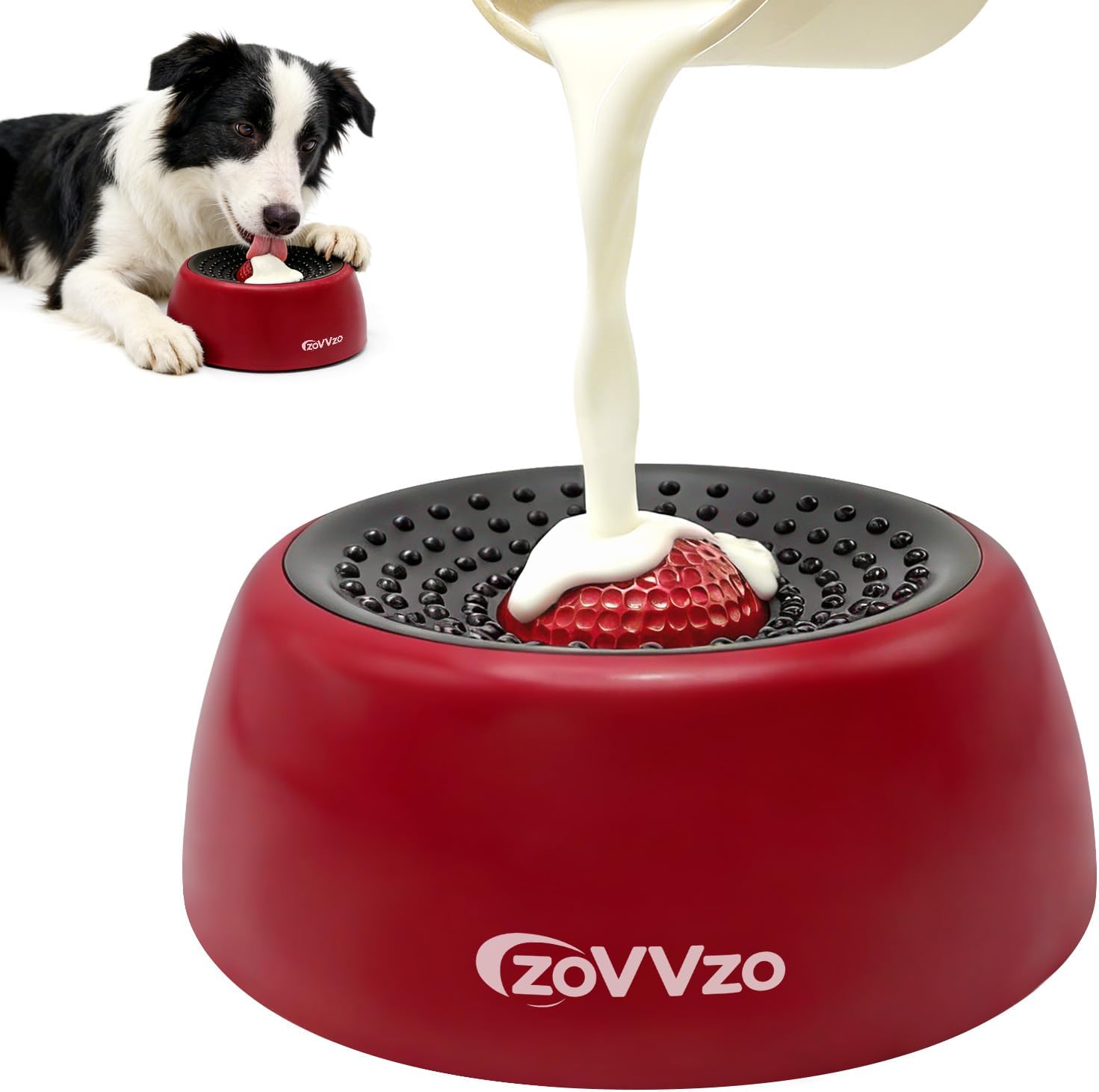 Detalle de zoVVzo Rolling Ball Slow Feeder Dog Bowl, Red, Non-Slip Base for Wet Food