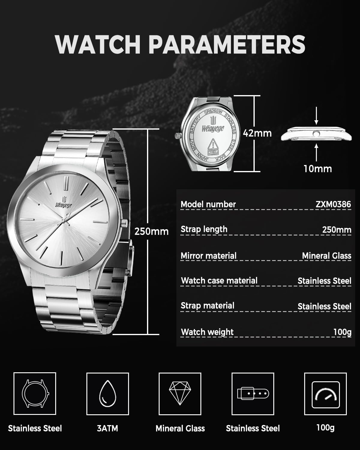 Thumbnail 3 de Weayege Herren Analog-Uhr mit Quarzwerk, Edelstahlarmband, wasserdichtes Mesh-Design (44 mm)
