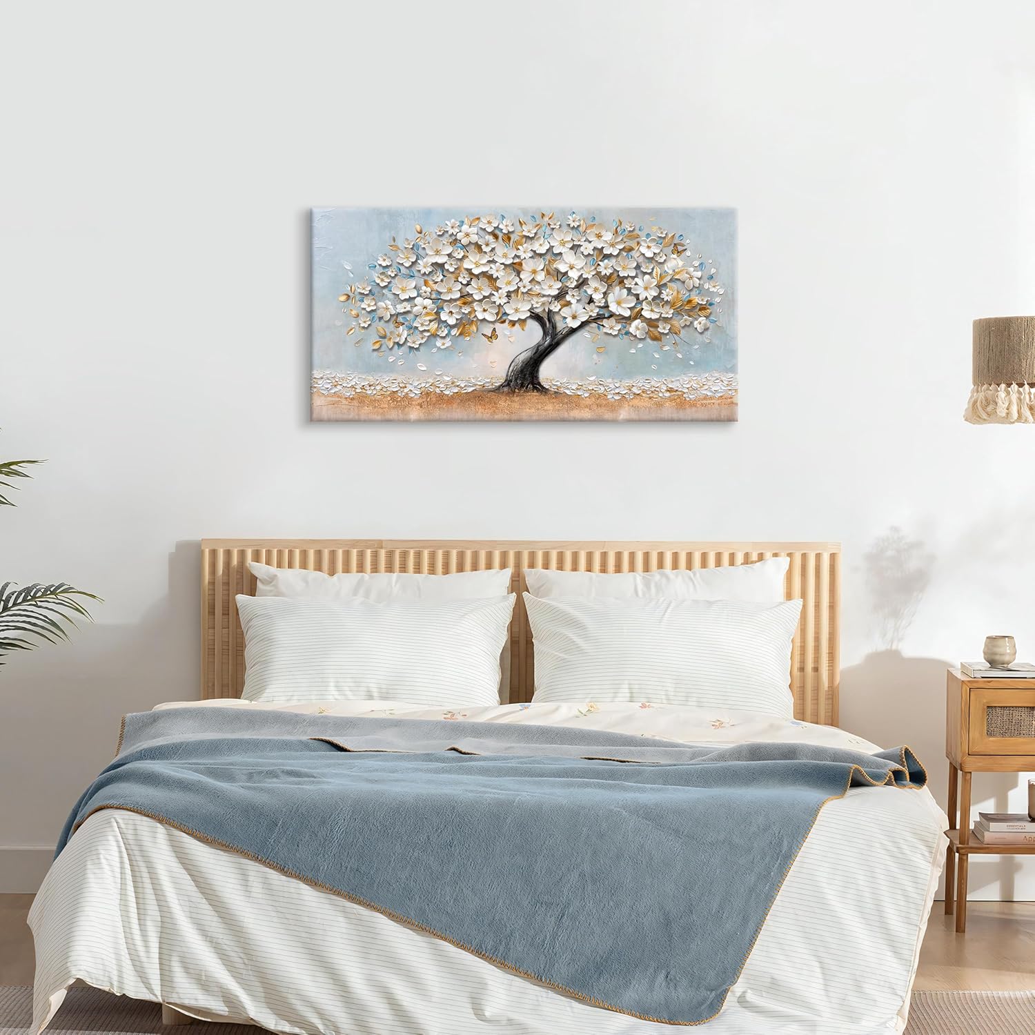 Thumbnail 2 de Großes Leinwandbild mit Rahmen „Weiß Gold Floral Blüte & Kirschbaum“, 100x50 cm – fertig zum Aufhängen