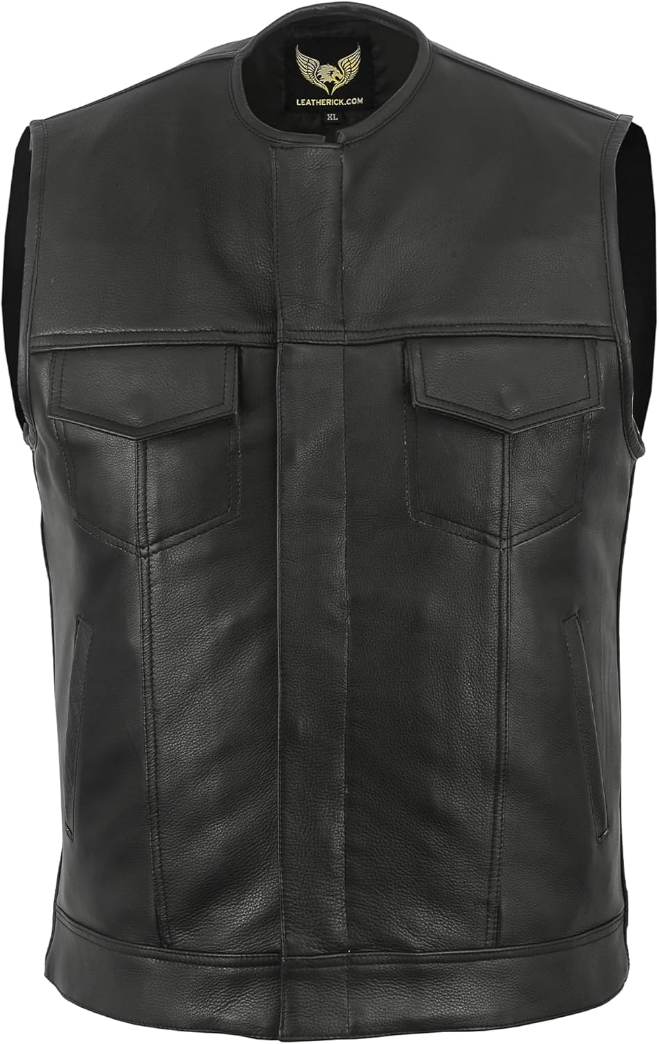 Detalle 2 de Leatherick Gilet de motard en cuir véritable noir sans col Anarchy Club pour homme