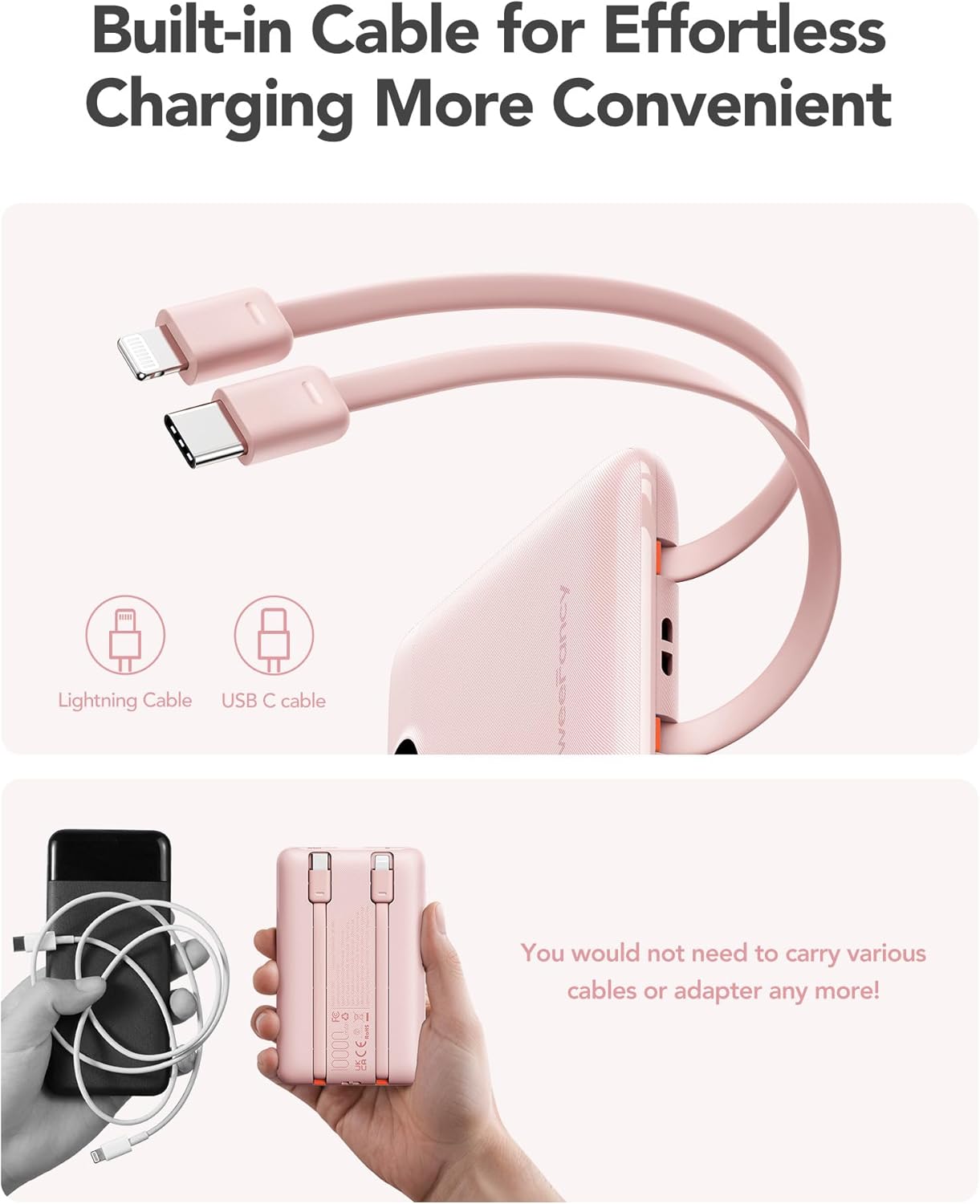 Thumbnail 3 de WeeFancy 10000mAh Power Bank with Built-in Cables, Fast Charging (22.5W) – Pink