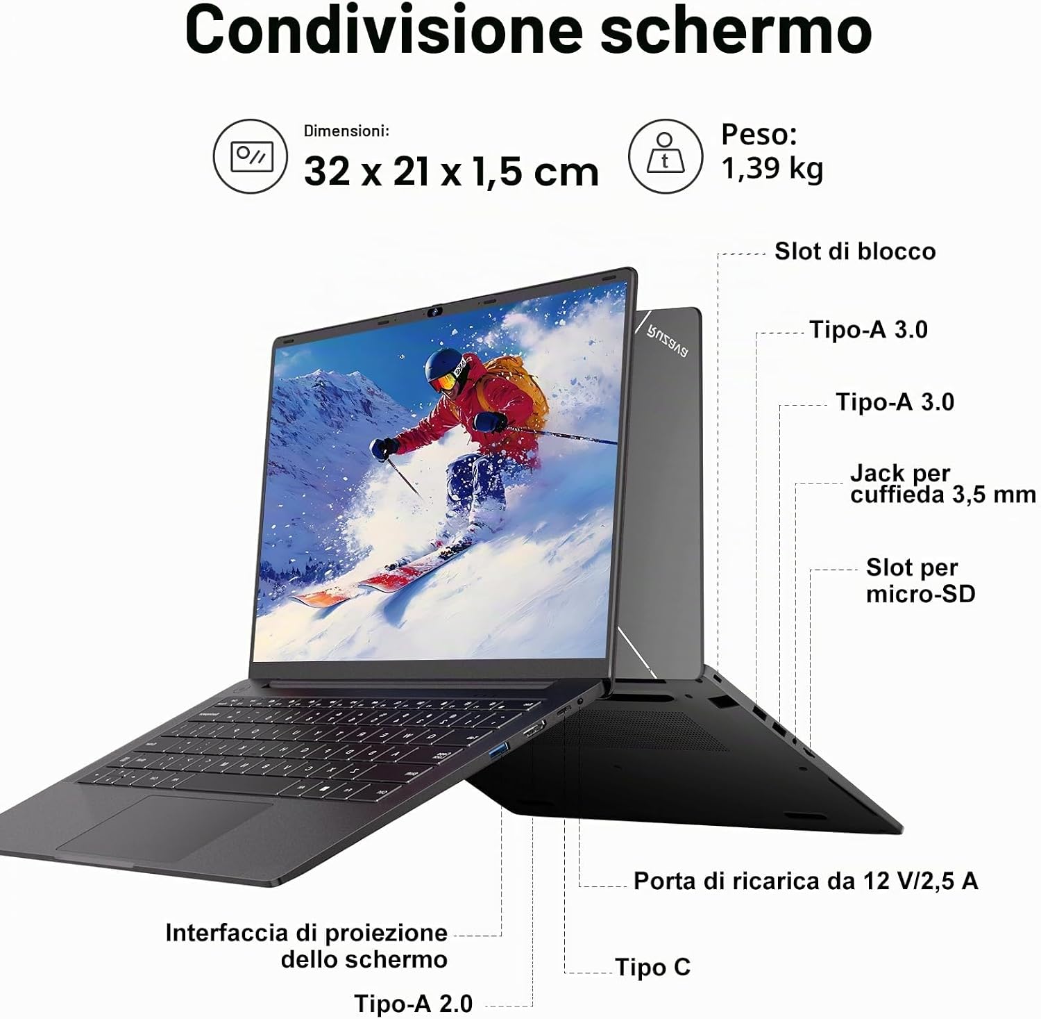 Detalle de Pc Portatile 14 Pollici Win11 con Celeron N5095, 8GB RAM, 256GB SSD – Corpo in Metallo Nero