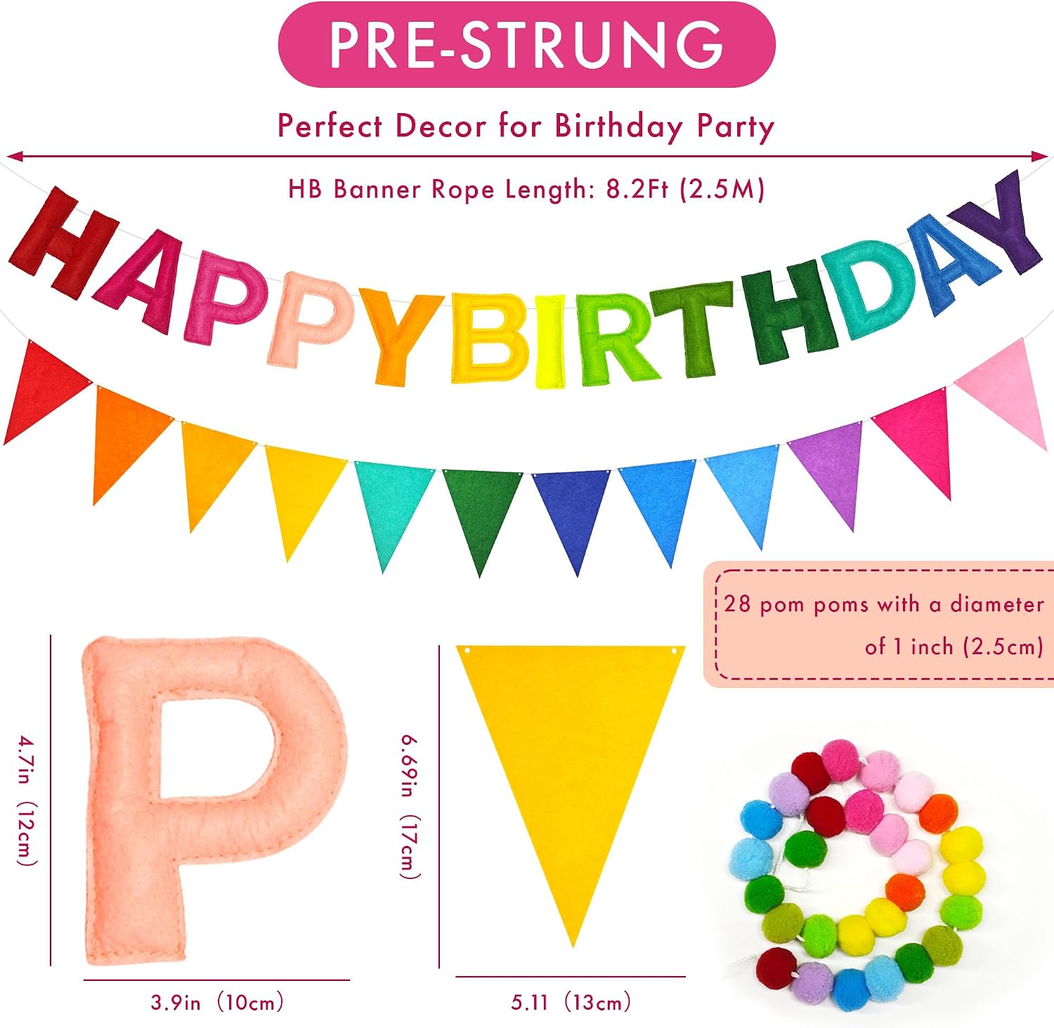 Detalle 2 de CANREVEL FHBBS-001 3-Piece Rainbow Felt Birthday Banner Set, Pre-Strung