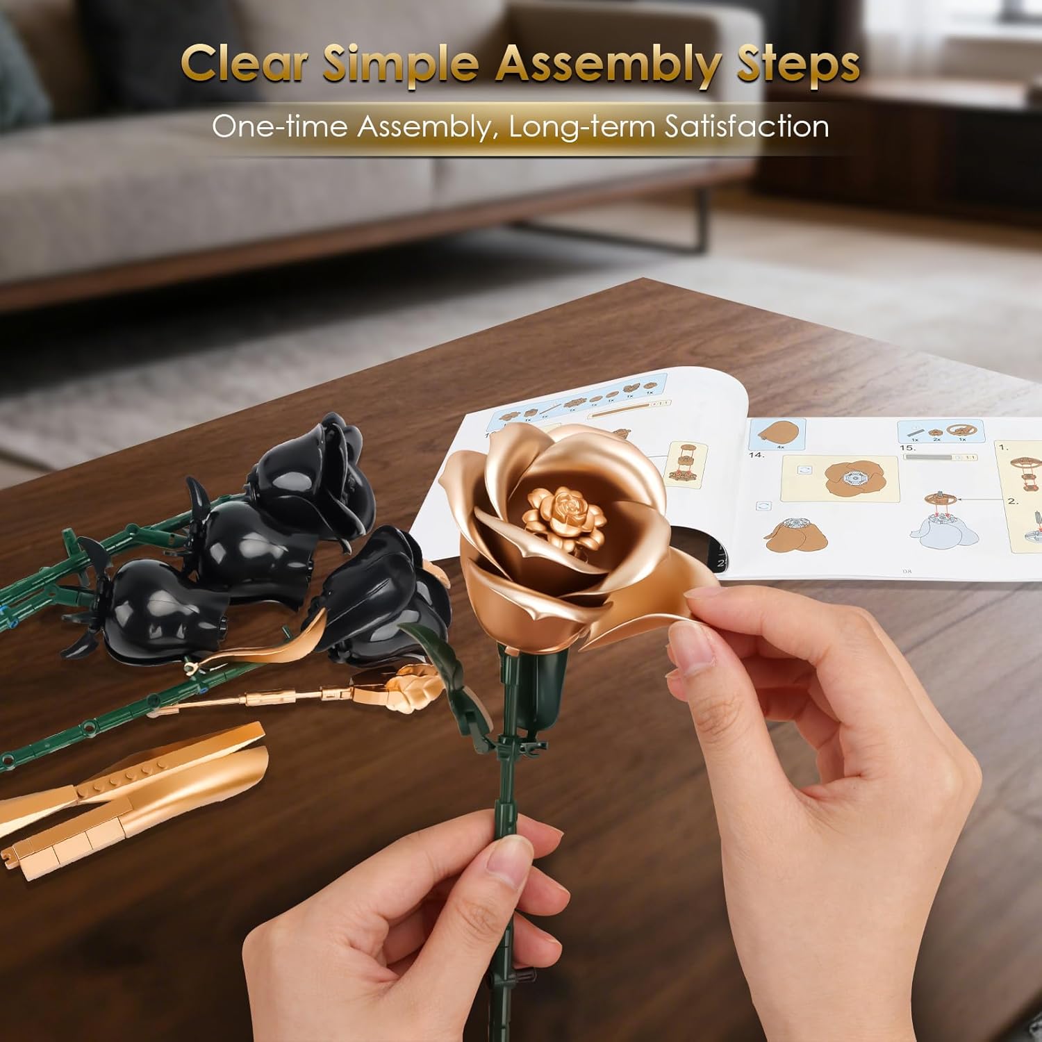 Thumbnail 4 de Black Roses Flower Bouquet Building Set with Vase – 255 Pieces, Gothic Blueprinted Floral Display