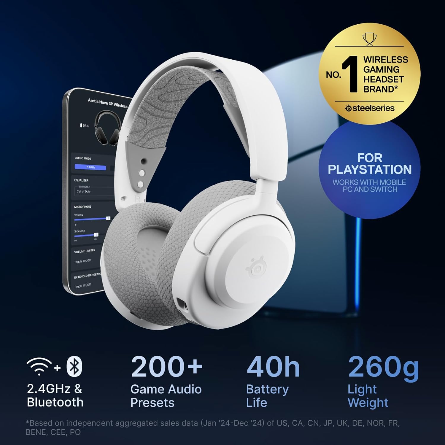 Detalle 2 de SteelSeries Arctis Nova 3P Wireless headset for PS5, PC and Switch (white) with mobile app control