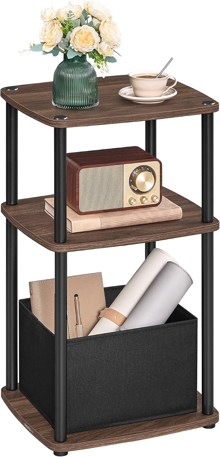 Detalle de SONGMICS HOME Tavolino/Comodino con 3 ripiani e cestino in tessuto LET286K01, noce naturale, 30 x 34 x 58 cm